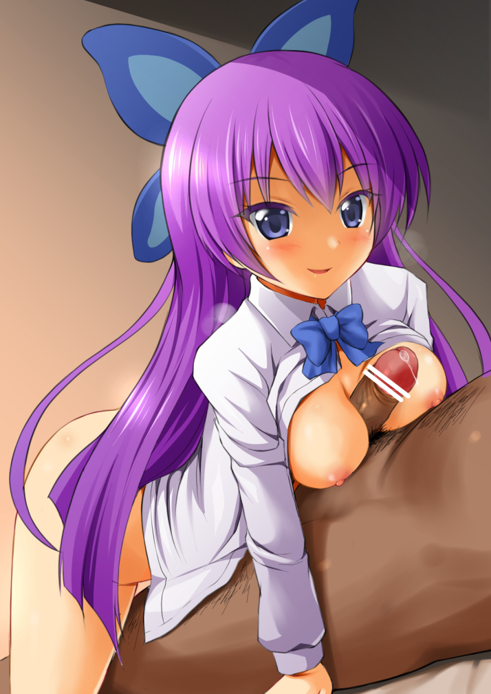 1boy 1girls blue_eyes blush bottomless breasts butterfly_hair_ornament censored chisato_(nijie) dark-skinned_male duo female hair_ornament jewelpet jewelpet_magical_change luea_(jewelpet) male naked_shirt nipples paizuri personification precum purple_hair sanrio sex shirt simple_background