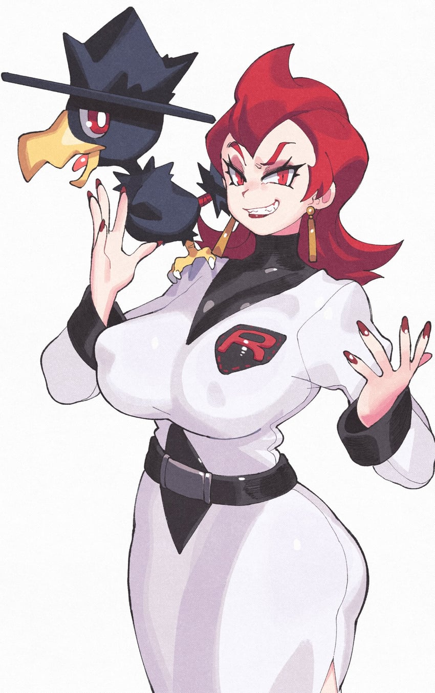 1girls, ariana (pokemon), breasts, dress, female, huge breasts, inkerton-kun, inkuusan, lipstick, murkrow, nail polish, nipple outline, pokemon, pokemon hgss, red hair, red lipstick, red nails, team rocket