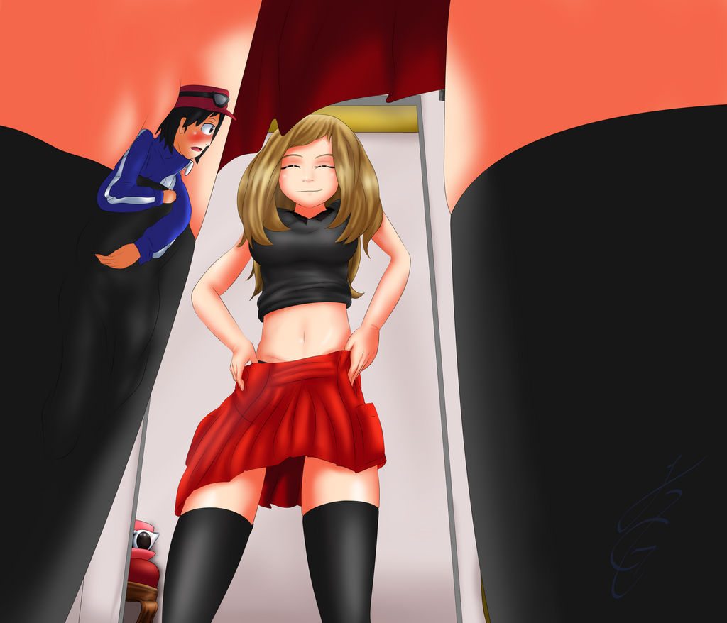 1boy, 1girls, aged up, blonde, blush, calem (pokemon), clothed, clothing, clothing entrapment, couple, dressing room, female, giantess, larger female, legs, macro, male, micro, midriff, mirror, navel, nintendo, pokemon, pokemon protagonist, serena (pokemon), size difference, skirt, smaller male, stuck, thigh socks, thighhighs, thighs, trapped, trapped in clothing, viewed from behind, viewed from below