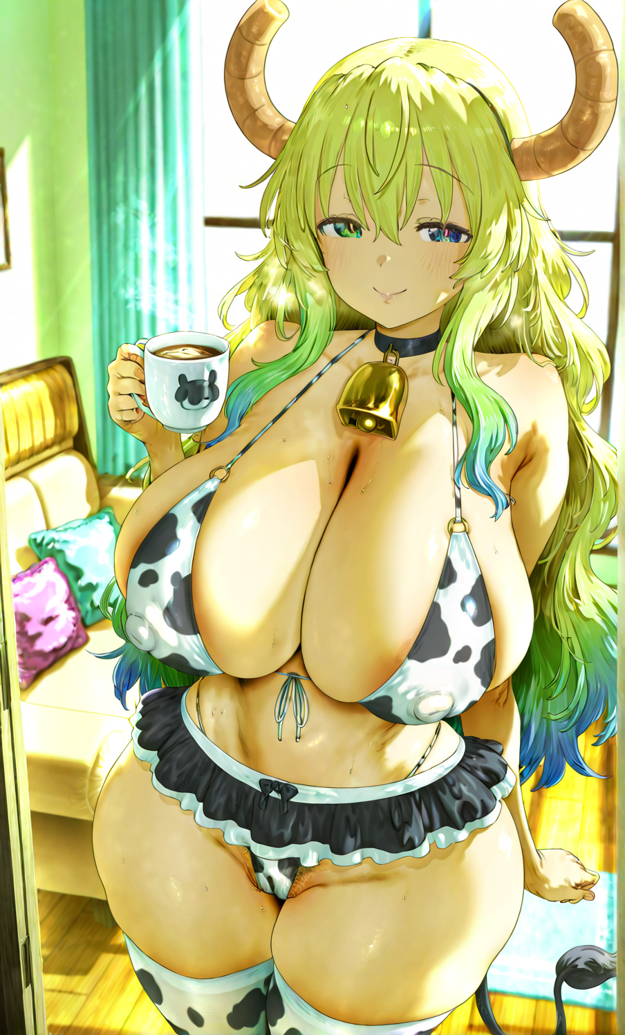 1girls, ai generated, breasts, cameltoe, cow print, cow print bikini, dragon girl, female, female only, floresai, gigantic breasts, horns, huge ass, huge breasts, lucoa, milf, miss kobayashi's dragon maid, narrow waist, nipples visible through clothing, pussy, sexy, smiling at viewer, thick thighs, voluptuous, wide hips