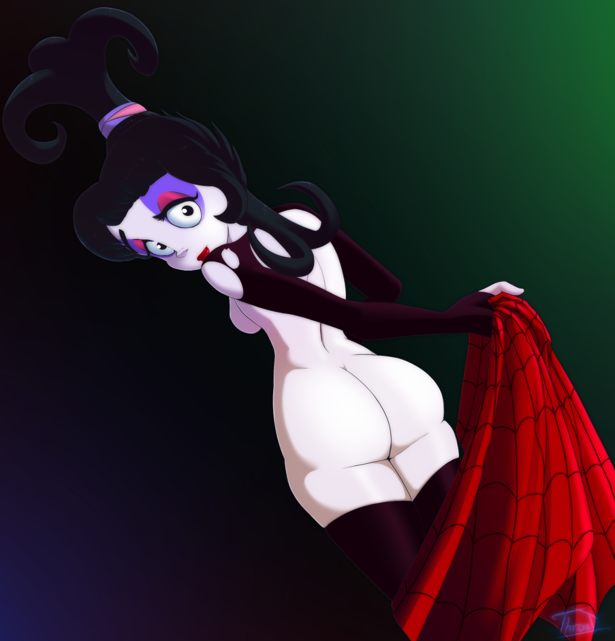1girls, armwear, ass, beetlejuice, black hair, breasts, clothing, exposed torso, eyeliner, eyeshadow, female, goth, human, legwear, lipstick, lydia deetz, makeup, outerwear, pale skin, red lipstick, sideboob, spider web poncho dress, standing, teenager, thighhighs, throat (artist), tim burton