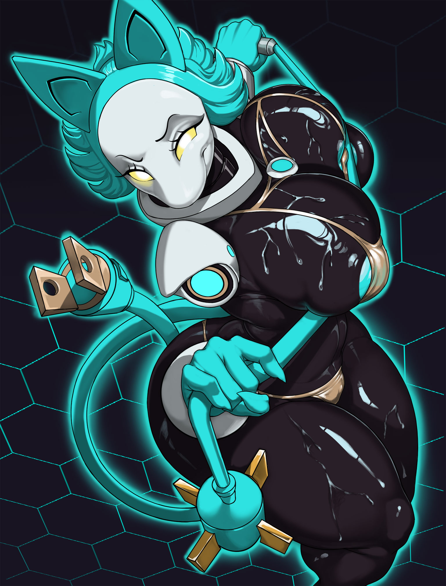 2025, ambiguous fluids, anthro, big breasts, blue hair, blue nipples, bra, breasts, clothing, cord tail, darkner, deltarune, detailed, digital drawing (artwork), digital media (artwork), felid, feline, female, hair, half-length portrait, hamili, hi res, looking at viewer, machine, mammal, portrait, robot, smile, tail, tasque manager (deltarune), thong, undertale (series), underwear, whip, yellow eyes