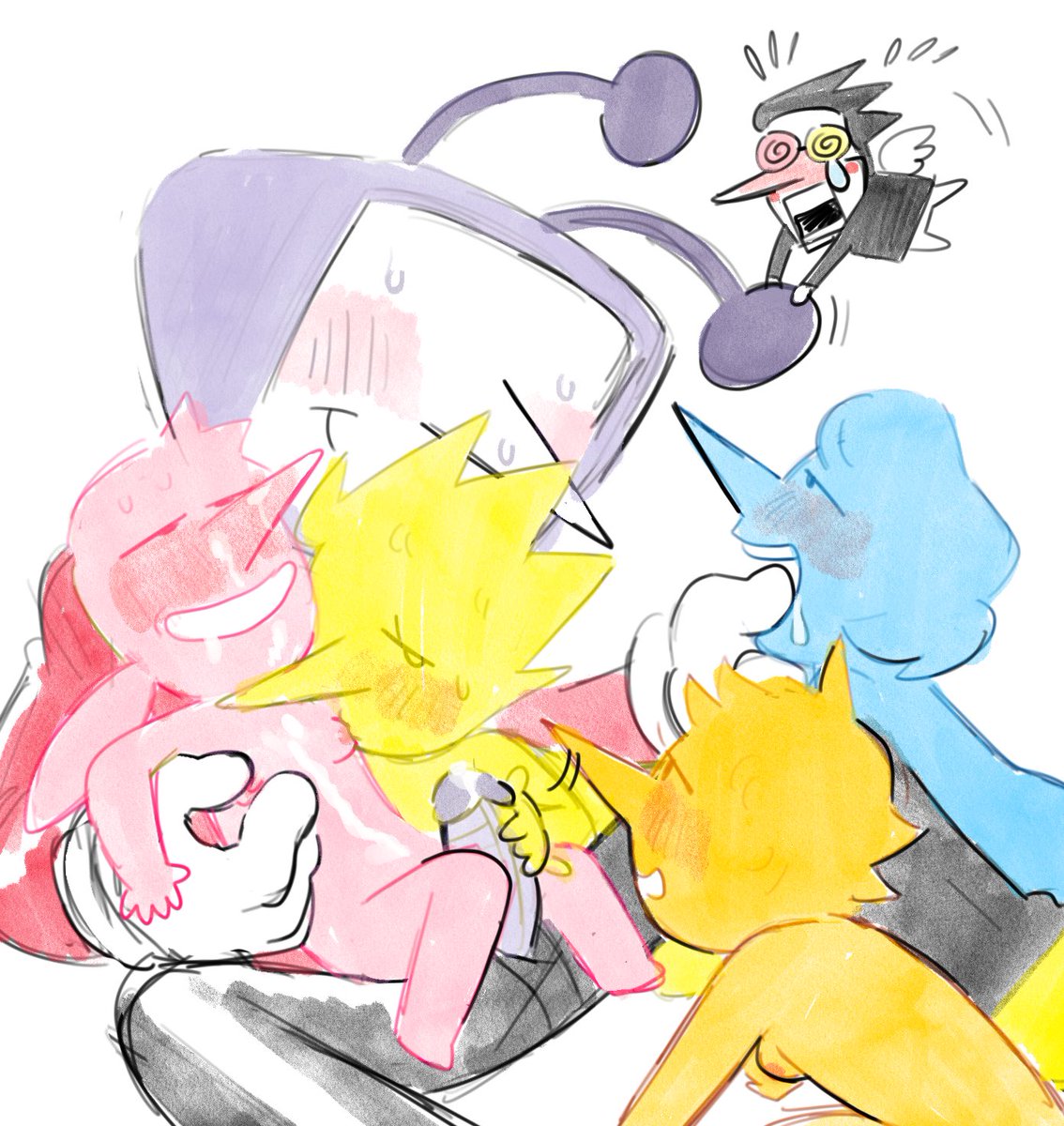 2boys, addison (deltarune), ambiguous gender, bigger dom, bigger male, blue addison, blush, breast sucking, breasts, cuckold, cum, cum on body, cum on breasts, cum on face, deltarune, ejaculation, fivesome, fully clothed, fully nude, group sex, handjob, male, nipple sucking, orange addison, partially clothed, pink addison (deltarune), plain background, spamton g spamton, swearing, tagme, tenna (deltarune), yellow addison