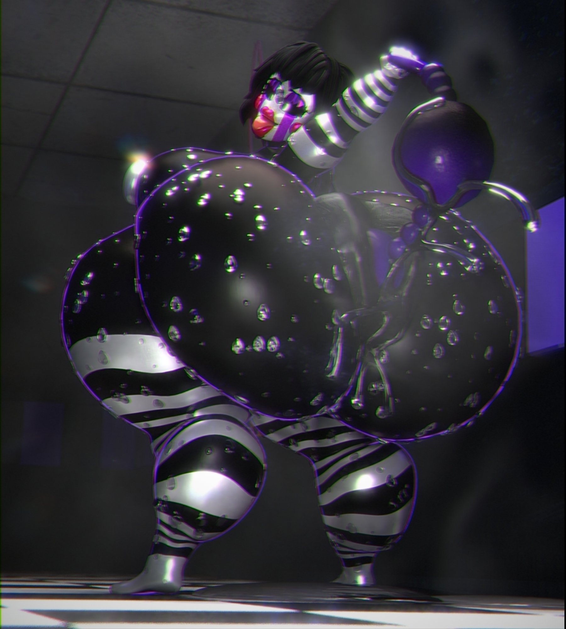 1girls, 3d, 3d (artwork), anal beads, anal fluids, anus, anus spread, ass, black body, black hair, breasts, donut anus, female, five nights at freddy's, five nights at freddy's 2, fnaf, hips, huge ass, huge thighs, hyper ass, marionette (fnaf), outie anus, pulling anal beads, puppet (fnaf), puppet (thepuppetlover), qzk forte, solo, stripes, surprised expression, sweat, sweaty, tagme, thick thighs, wet, white face