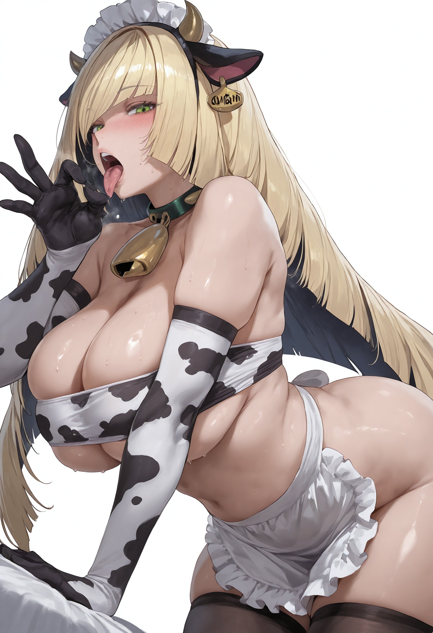 1girls, ai generated, blonde hair, breasts, cow print, female, flyingpancake, game freak, green eyes, hair over one eye, hi res, hips, huge breasts, large breasts, light skin, light-skinned female, long hair, lusamine (pokemon), maid, maid headdress, maid outfit, mature female, milf, mother, nintendo, pokemon, pokemon sm, thick thighs, thighs, wide hips