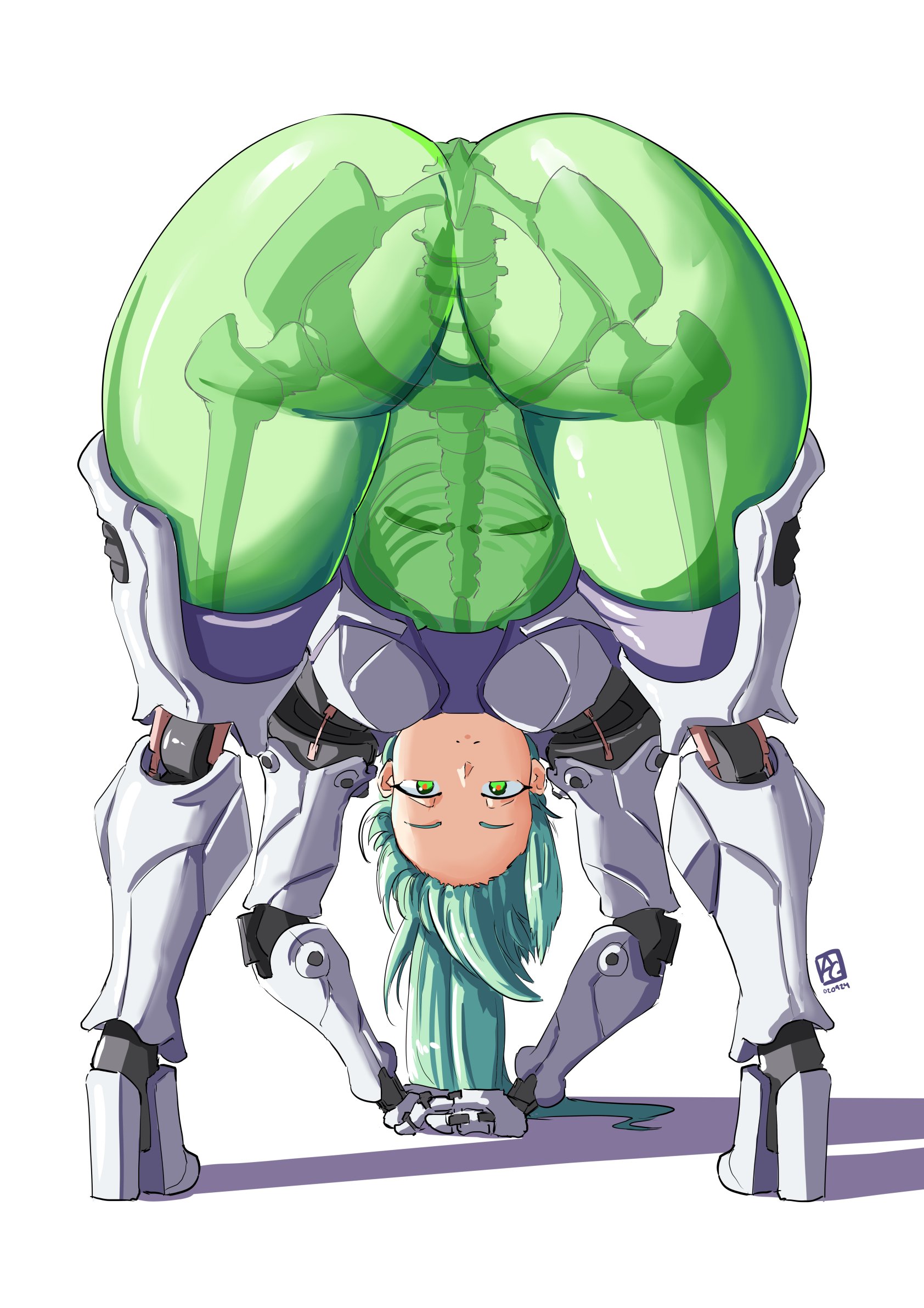 1girls, ass, autolewd, automatic giraffe, bent over, big ass, bones, breedable hips, cybernetic limb, cybernetics, female, green eyes, green hair, green slime, looking at viewer, original character, skeleton, slime girl, smile, visible skeleton