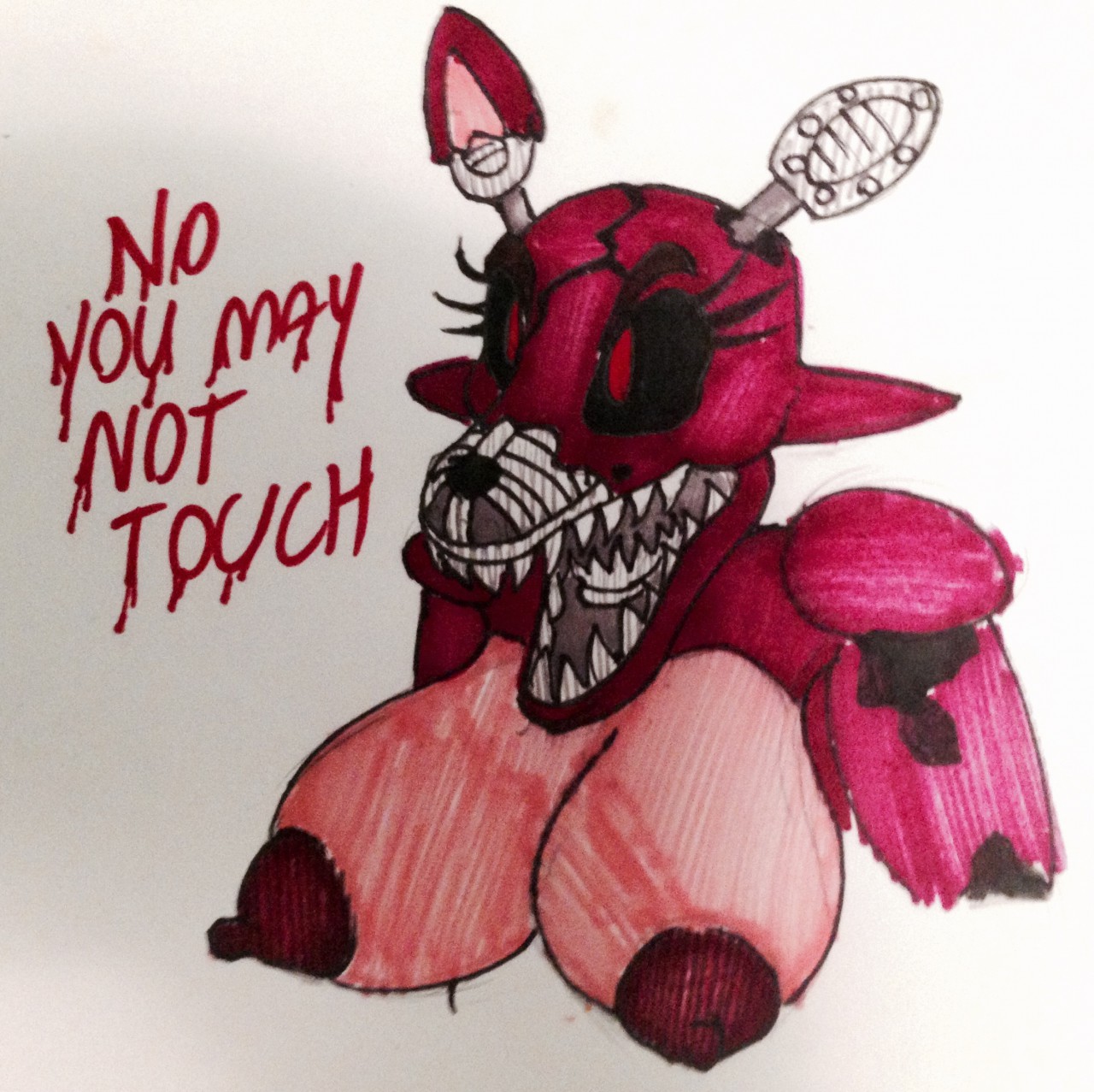 animatronic, big breasts, breasts, english text, female, five nights at freddy's, five nights at freddy's 4, fox ears, foxy (fnaf), jaynatorburudragon, large breasts, machine, mechanical, nightmare foxy, nipples, rejection, robot, rule 63, sharp teeth, solo, teeth, text, white background