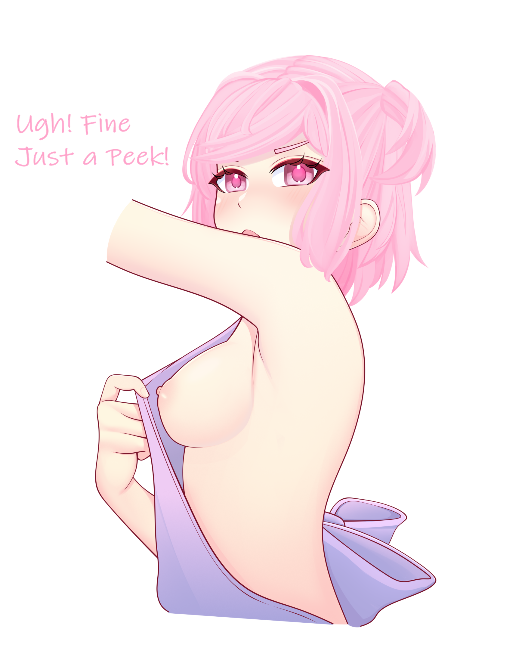 1girls, apron, apron only, boobs, braless, breasts, doki doki literature club, english text, female, giovan108, naked apron, natsuki (doki doki literature club), nipples, no bra, peek, peeking, peeping, pink eyebrows, pink eyes, pink hair, pink text, sideboob, solo, text
