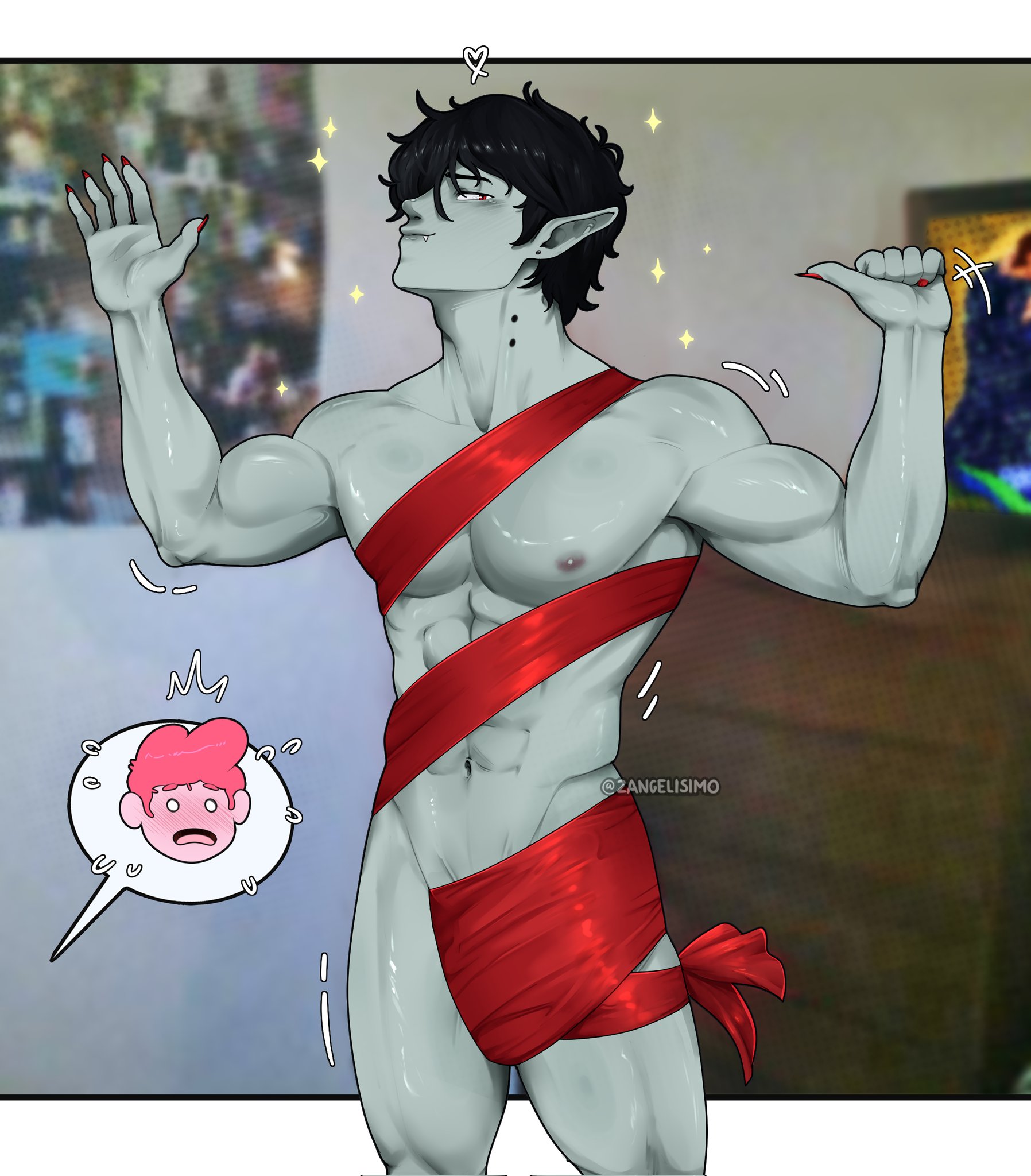 2angelisimo, 2boys, abs, adventure time, bara, black hair, confidently naked, covering penis, gary prince, gay, gray skin, male, male only, marshall lee, muscular, muscular male, nude guy wrapped in ribbons standing (meme), nude male, penis, pink skin, prince gumball, shocked, shocked face, vampire, wrapped penis, yaoi
