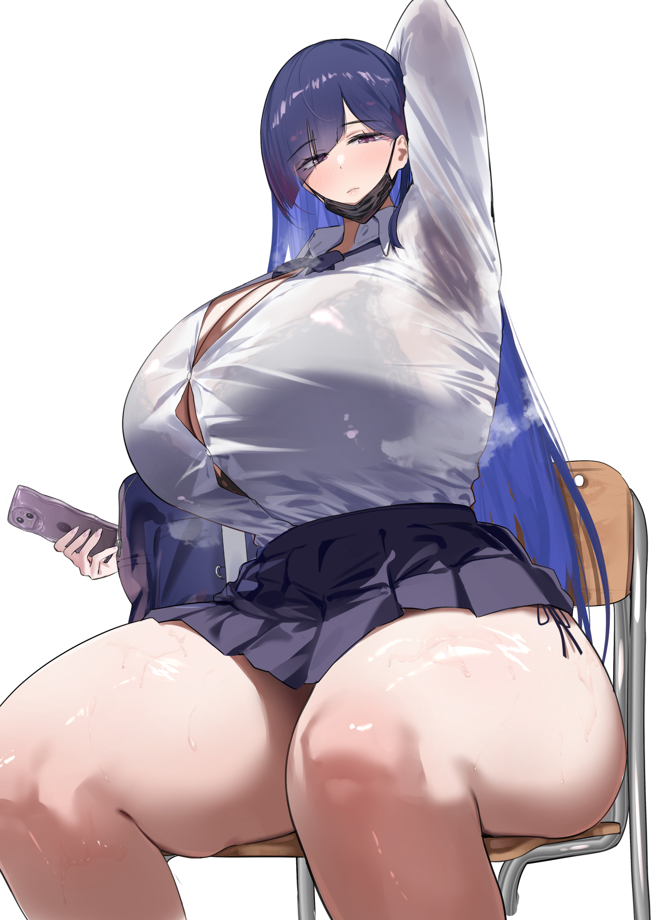 1girls, arm behind head, armpits, blue hair, bra visible through clothes, breasts, button gap, cellphone, chair, cleavage, diagonal bangs, eyes visible through hair, female, female only, hair over one eye, holding, holding phone, huge breasts, lips, long hair, mask, mask pull, mouth mask, necktie, original, panties, phone, pink eyes, school uniform, seito edaha, seitoedaha, shirt, side-tie panties, sitting, skirt, smartphone, solo, sweat, sweat stain, sweaty armpits, thick thighs, thighs, tight clothes, tight shirt, underwear, white background, white shirt, wide hips