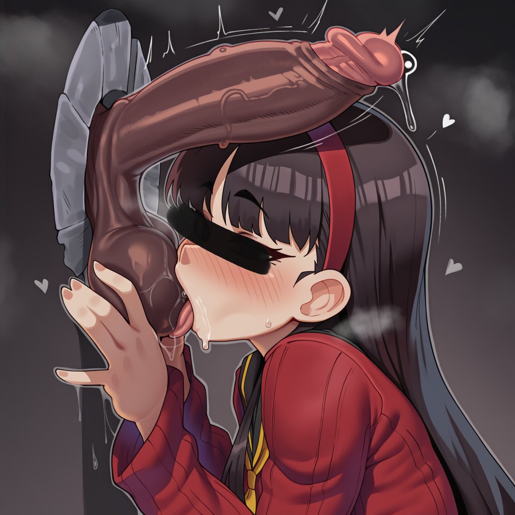 1boy, 1girls, ai generated, amagi yukiko, balls, bangs, black hair, blush, cum, dark-skinned male, disembodied penis, duo, erection, fellatio, female, hairband, heart, hetero, huge penis, large penis, licking, long hair, male, male pubic hair, mochipawg, oral, penis, penis awe, penis on face, persona, persona 4, precum, school uniform, solo focus, testicles, tongue, tongue out, uncensored, veins, veiny penis