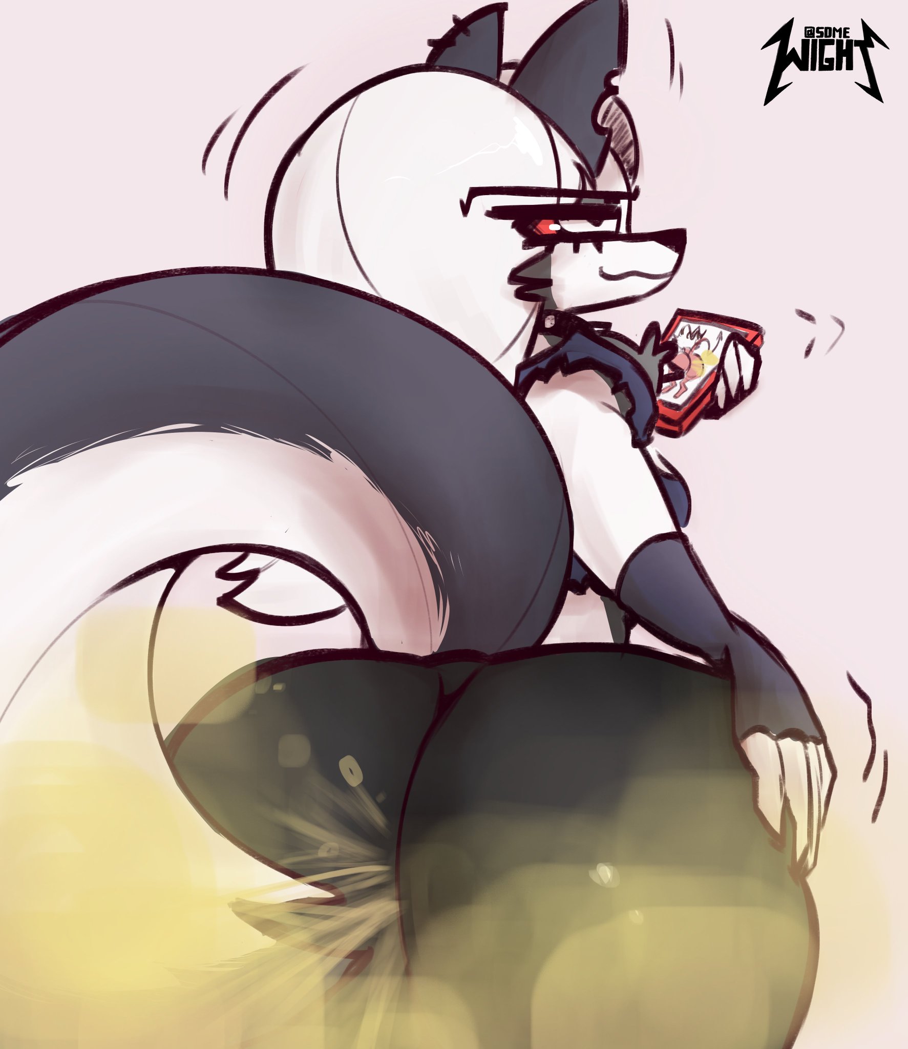 anthro, ass, ass focus, bare ass, canid, canine, crop top, demob, fart, fart cloud, fart fetish, female, furry, goth, hand on ass, hellhound, helluva boss, holding phone, horn, horns, imp, long hair, loona (helluva boss), male, moxxie (helluva boss), notched ear, phone, rear view, red skin, smug, smug smile, some wight (artist), spade tail, tail, white fur, white hair