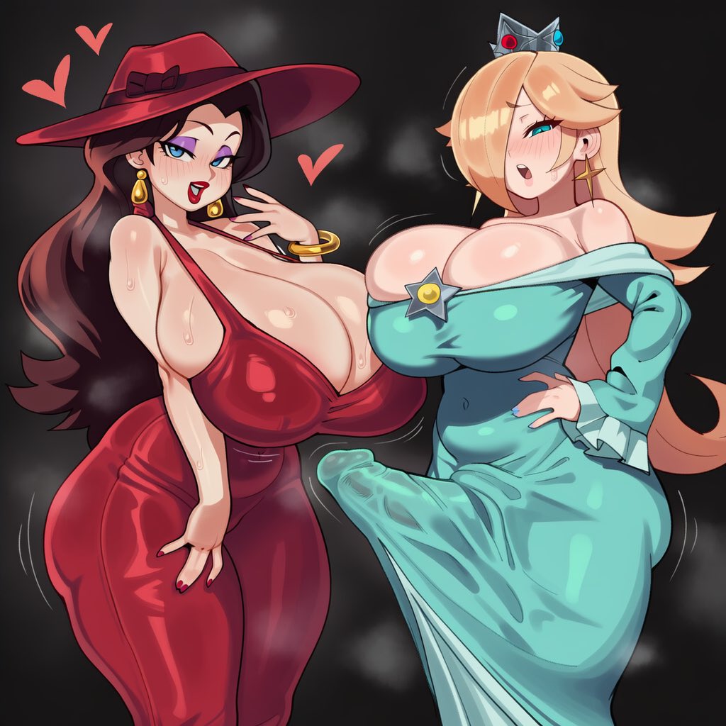 1futa, 1girls, ai generated, bare shoulders, blonde hair, blue eyes, blush, breasts, cleavage, curvy, dress, earrings, erection, female, futanari, gigantic breasts, hair over one eye, hand on hip, hat, heart, heart-shaped pupils, huge breasts, intersex, jewelry, lipstick, long hair, mario (series), mochipawg, multiple females, multiple girls, nail polish, off-shoulder dress, open mouth, pauline, penis, princess rosalina, purple nails, symbol-shaped pupils, thick thighs, thighs