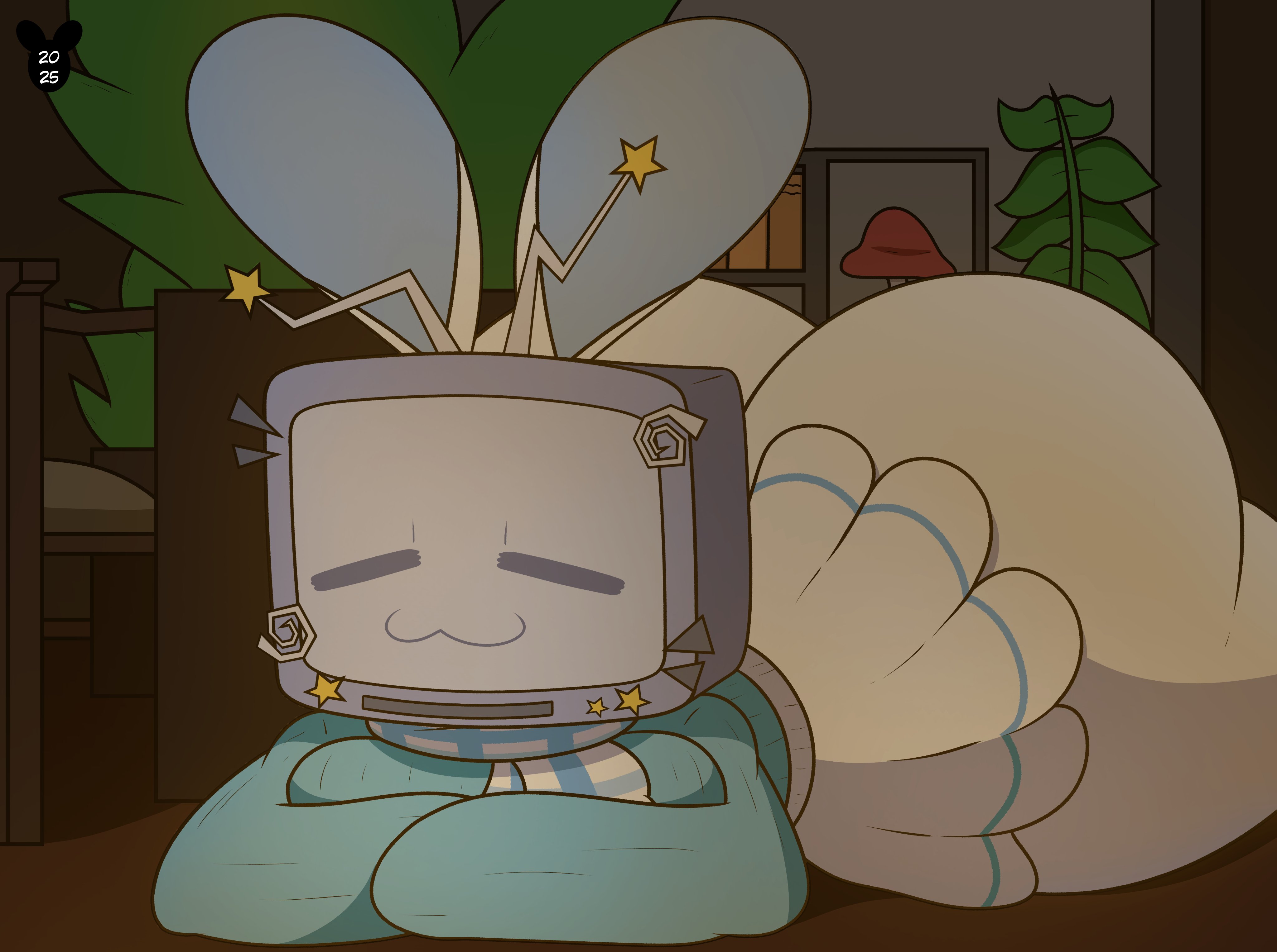 1girls, antennae, ass, ass bigger than head, background, big ass, bookshelf, bunny ears, female, interior background, luanctoons, mushroom, plant, scarf, screen face, screen head, silvy (silvythetvbunny), solo, solo female, tagme, tv head, tv screen, tv woman, w mouth