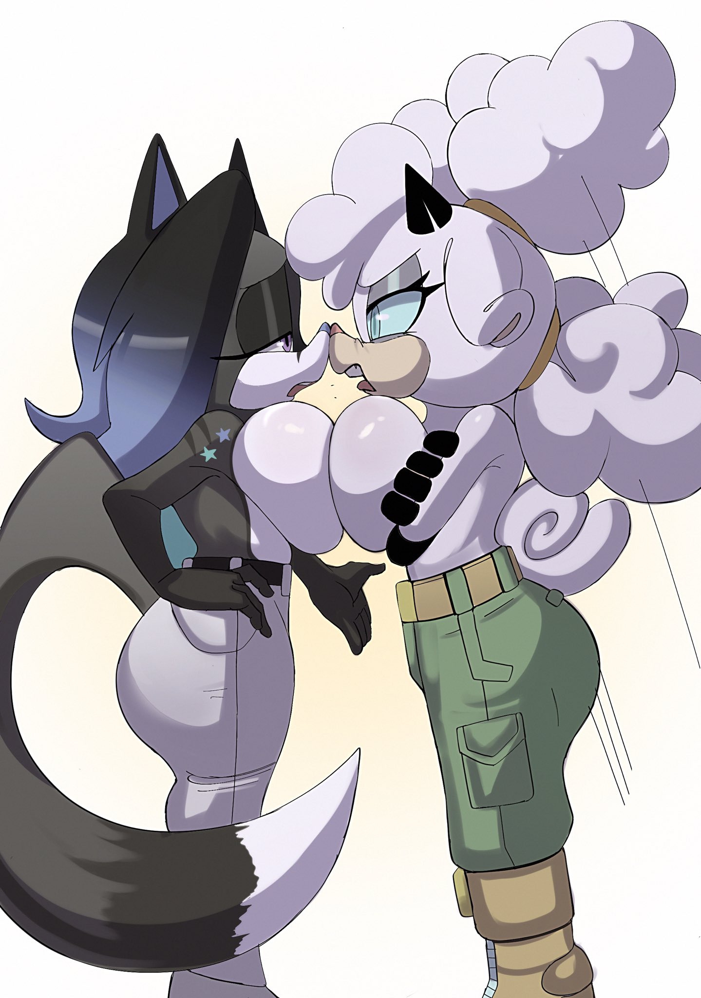 2girls, arguing, breast docking, breast on breasts, breasts, crossed arms, docking, face to face, female, hereapathy, lanolin the sheep, oc, original character, sonic (series), sonic the hedgehog (idw), sonic the hedgehog (series), symmetrical docking, topless