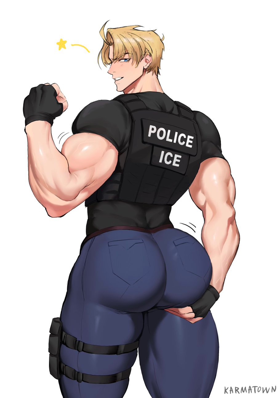 alfred jones, america (hetalia), ass, ass bigger than head, axis powers hetalia, back view, big ass, big butt, blonde hair, blue eyes, clothed, clothing, cocky, cocky smile, confident, confident expression, confident male, confident pose, confident smile, fingerless gloves, flexing, flexing bicep, gay, gloves, hand on ass, hand on own ass, humanized country, ice, karmatown, light skin, light-skinned male, looking back, male, male focus, male only, muscular, muscular male, police, police officer, police uniform, policeman, pov, smirk, tease, teasing, teasing with butt, tight clothes, tight clothing, tight fit, tight pants, wiggle, wiggle lines