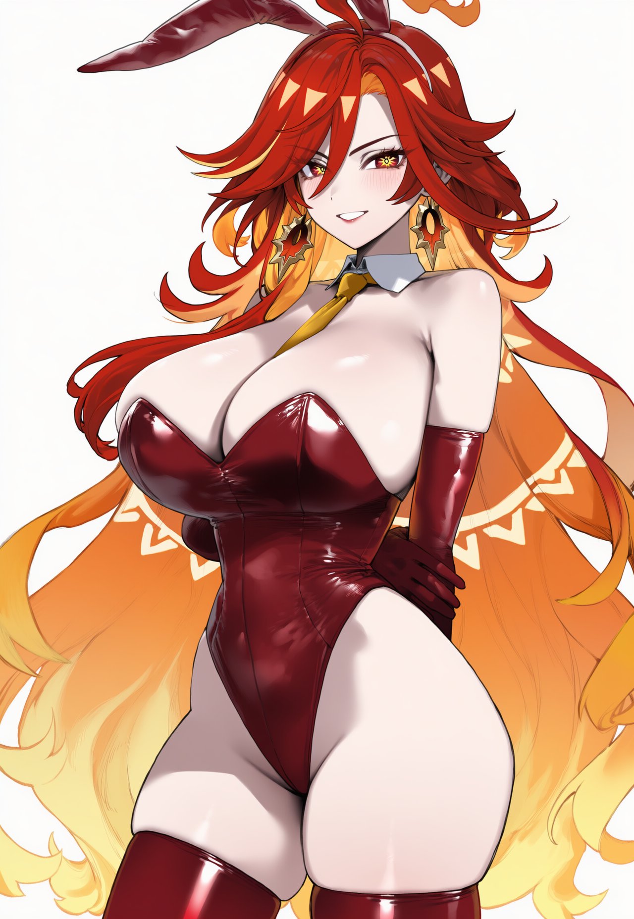 1girls, ai generated, animal ears, arms behind back, bangs, bare shoulders, blush, breasts, bunny ears, bunny girl, bunnysuit, cleavage, covered navel, detached collar, earrings, elbow gloves, fake animal ears, female, female only, genshin impact, gloves, highleg, highleg leotard, huge breasts, jewelry, leotard, light-skinned female, long hair, looking at viewer, mavuika (genshin impact), multicolored hair, natlan girls, red hair, red legwear, red leotard, solo, strapless, strapless leotard, thighhighs, truck kun, truck-kun art, very long hair