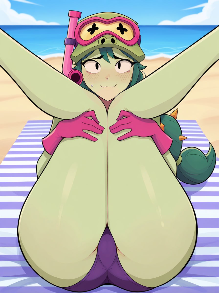 ai generated, alli (brawl stars), ass, beach, bikini, brawl stars, feet up, female, female only, front view, gloves, green hair, green skin, half naked, huge ass, legs spread, legs up, lumilover222, lying on back