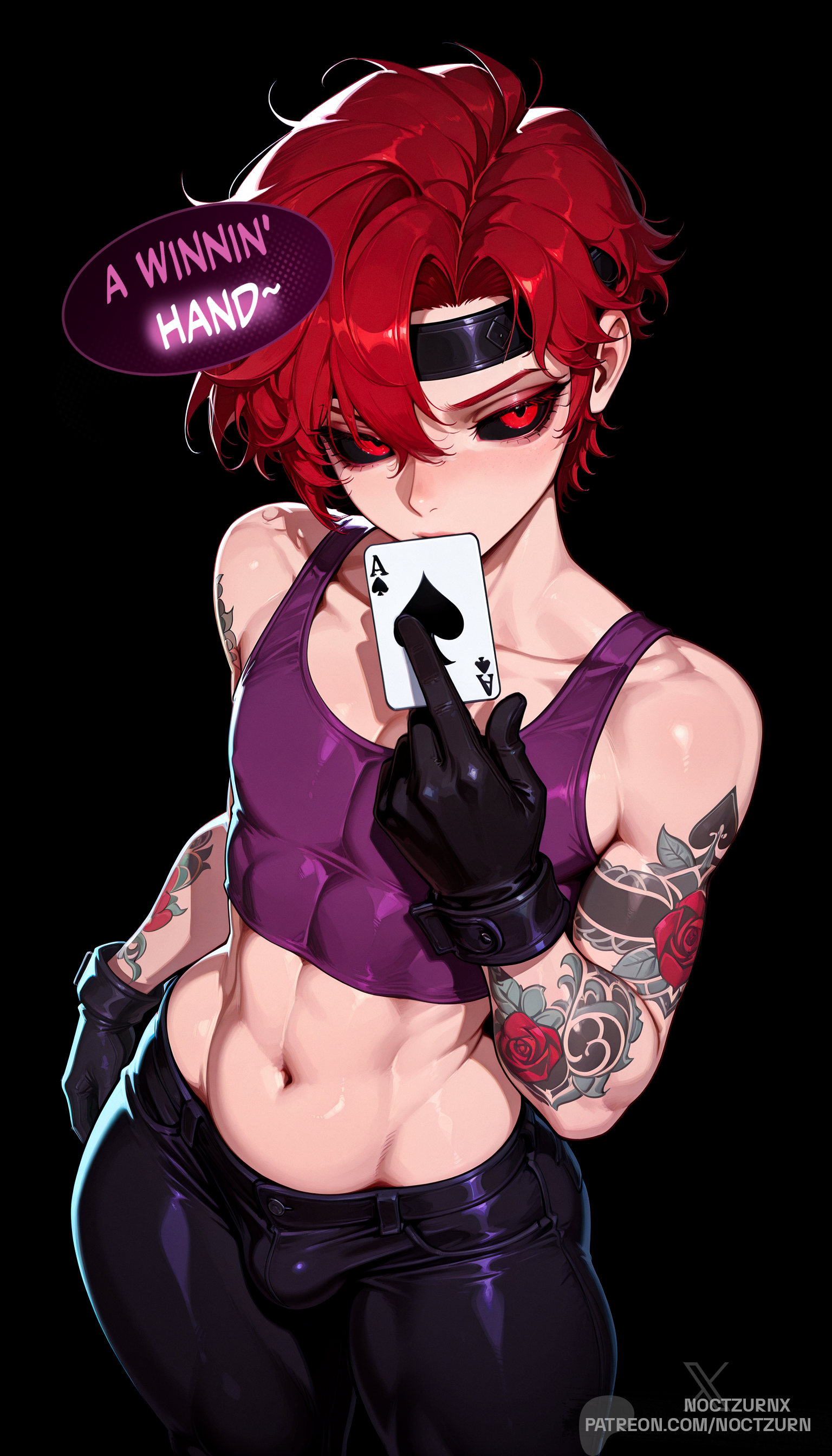 ace of spades, ai generated, big ass, big butt, boy, curvy, curvy body, curvy figure, english text, femboy, femboy focus, femboysub, feminine body, feminine male, flat chest, gambit, gambit (marvel rivals), gay, girly, male, male only, marvel, marvel cinematic universe, marvel comics, marvel rivals, noctzurn, queen of spades, red eyes, red hair, tattoo, tattooed arm, text, thick ass, thick hips, thick thighs, thighs, yaoi