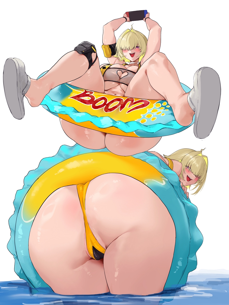 1girls, ass, bent over, big ass, big breasts, bikini, blonde hair, breasts, busty, elegg (boom and shock) (nikke), elegg (nikke), eyebrows visible through hair, fat ass, female, female only, goddess of victory: nikke, grdrawww, hair over eyes, huge ass, huge breasts, large ass, large breasts, looking at viewer, looking back, presenting, presenting hindquarters, purple eyes, shoes, solo, swimsuit, thick ass, thick thighs, water, wide hips
