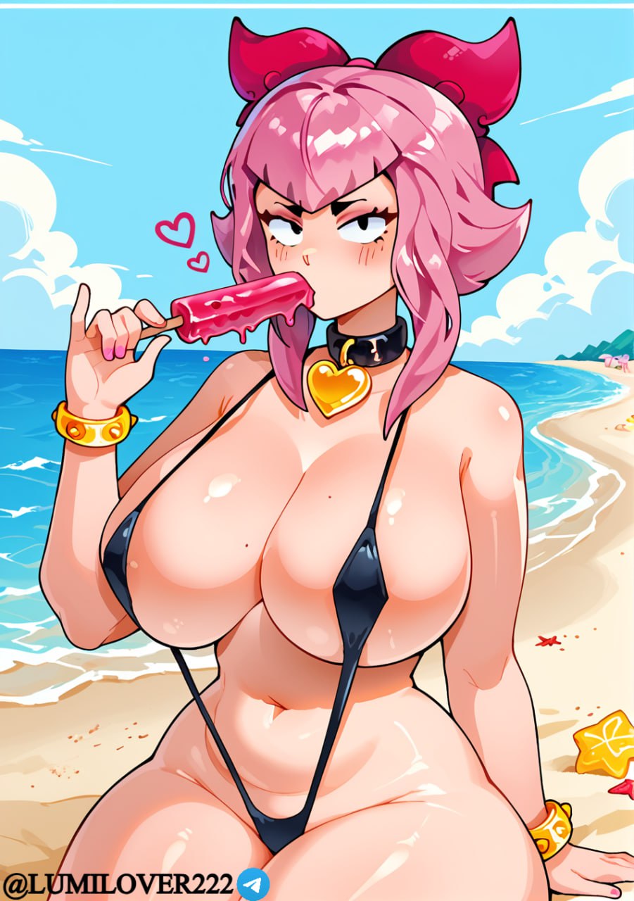 ai generated, ass, beach, bikini, brawl stars, breasts, female, female only, huge ass, huge breasts, ice cream, licking, lumilover222, melodie (brawl stars), pink hair, thick thighs