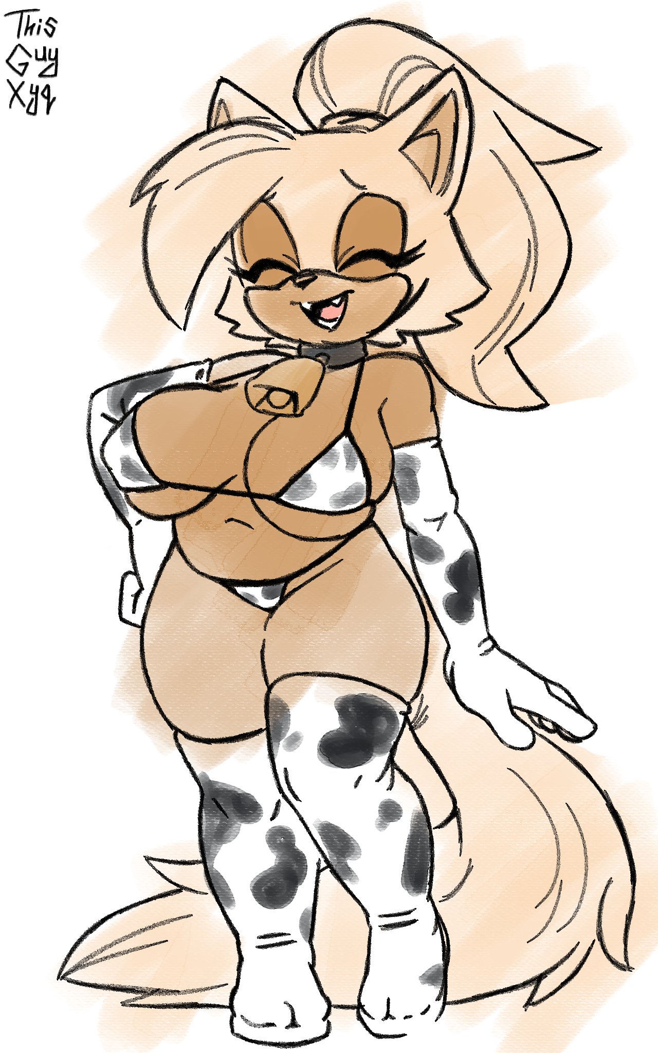 2d, 2d (artwork), 2d artwork, bbw, bell collar, belly button, big ass, big breasts, bikini, breasts, bubble ass, bubble butt, closed eyes, cow print, cowkini, elbow gloves, fangs, female, flat colors, happy, idw publishing, large ass, large breasts, long gloves, open smile, ponytail, sega, sonic (series), sonic the hedgehog (comics), sonic the hedgehog (idw), sonic the hedgehog (series), stockings, thick butt, thick legs, thick thighs, thighhighs, thighs, thisguyxyq, whisper the wolf
