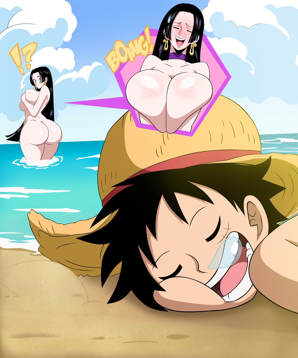 !?, 1boy, 1girls, 2025, 2d, 2d (artwork), 2d artwork, asleep, ass, ass focus, beach, big ass, big breasts, black hair, black-haired female, boa hancock, breasts, choker, commission, completely nude, completely nude female, covering, covering breasts, duo, duo focus, ear piercing, earrings, english, english text, female, female focus, grimphantom, handbra, hat, light skin, light-skinned female, male, male focus, monkey d luffy, nose bubble, nude, nude female, one piece, onomatopoeia, part 3, part of a set, rear view, sleeping, straw hat, text, thick thighs, thighs