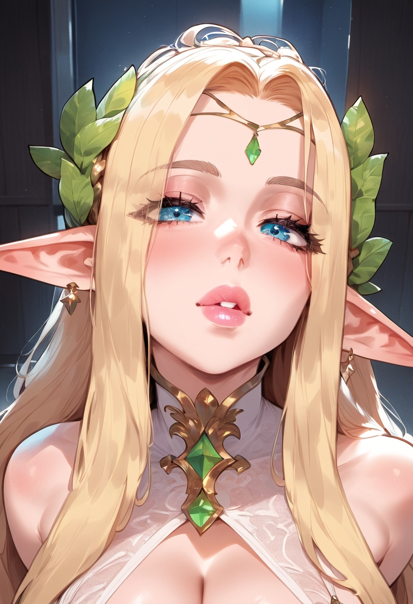 ai generated, bedroom eyes, blonde hair, blue eyes, blush, cerestia of life, elf, elf ears, elf female, female, jewelry, leaf hair ornament, looking at viewer, sole female, tagme (artist)