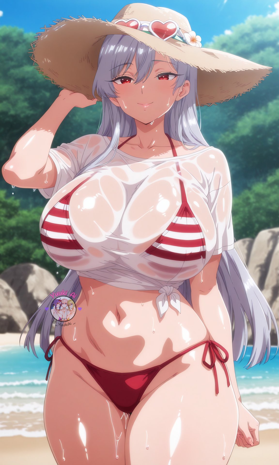 1girls, ai generated, beach, bikini, bikini under clothes, breasts, crop top, eiai nano, female, female only, halter bikini, halterneck, hat, huge breasts, kimi no koto ga dai dai dai dai daisuki na 100-nin no kanojo, knotted shirt, outdoors, see-through, see-through clothing, see-through shirt, see-through top, side-tie clothing, solo, solo female, tagme, voluptuous, voluptuous female, yuukiai