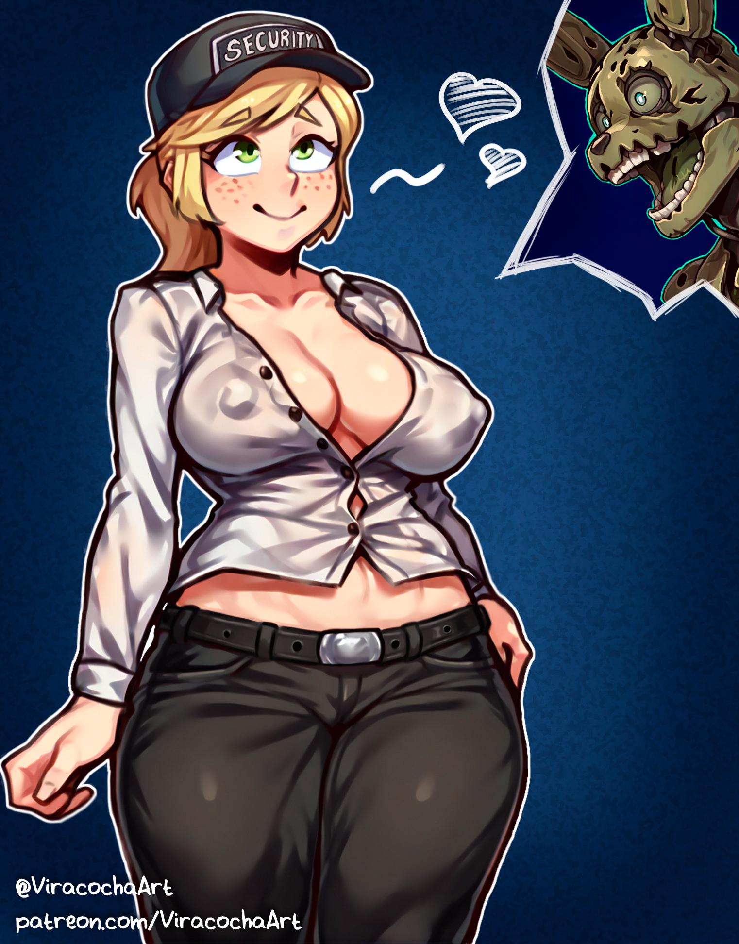 ai assisted, ai generated, big breasts, blonde hair, breasts, digital drawing (artwork), female, five nights at freddy's, five nights at freddy's: security breach, fnaf, freckles, green eyes, male, male/female, nipple bulge, nipples, nipples visible through clothing, security guard, springtrap (fnaf), uniform, vanessa (fnaf), viracochaart, wide hips