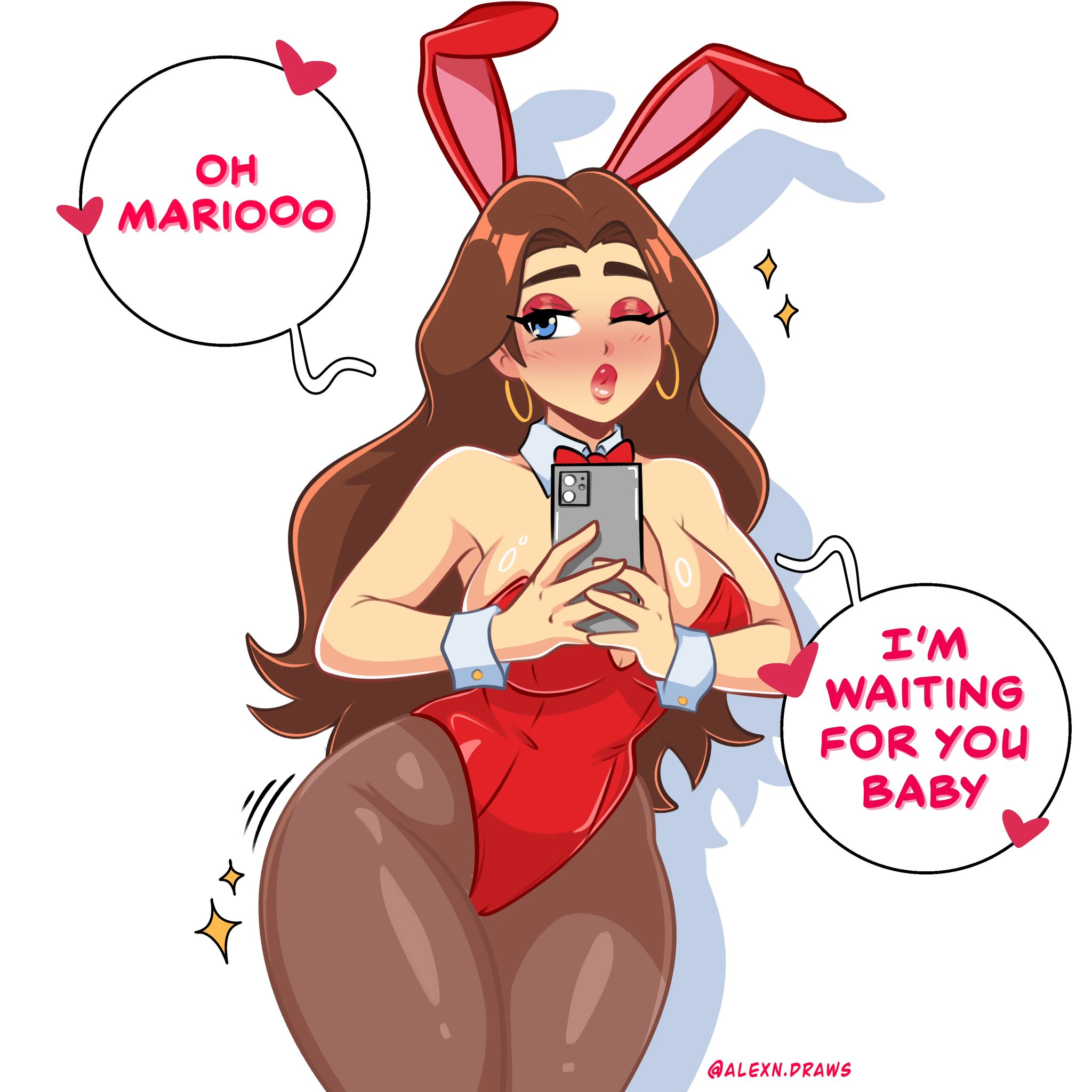 1girls, 2025, 2d, 2d (artwork), alexn draws, alexndraws, artist name, blue eyes, blush, breasts, brown hair, bunny ears, bunnysuit, curvy, digital drawing (artwork), digital media (artwork), eyeshadow, female, female only, hearts, holding phone, human, human only, light skin, light-skinned female, lipstick, long brown hair, long hair, mario (series), nintendo, pantyhose, pauline, pauline (mario), questionable, red bunny ears, red bunnysuit, red lips, selfie, solo, solo female, sparkles, speech bubble, white background, wide hips, winking, winking eye