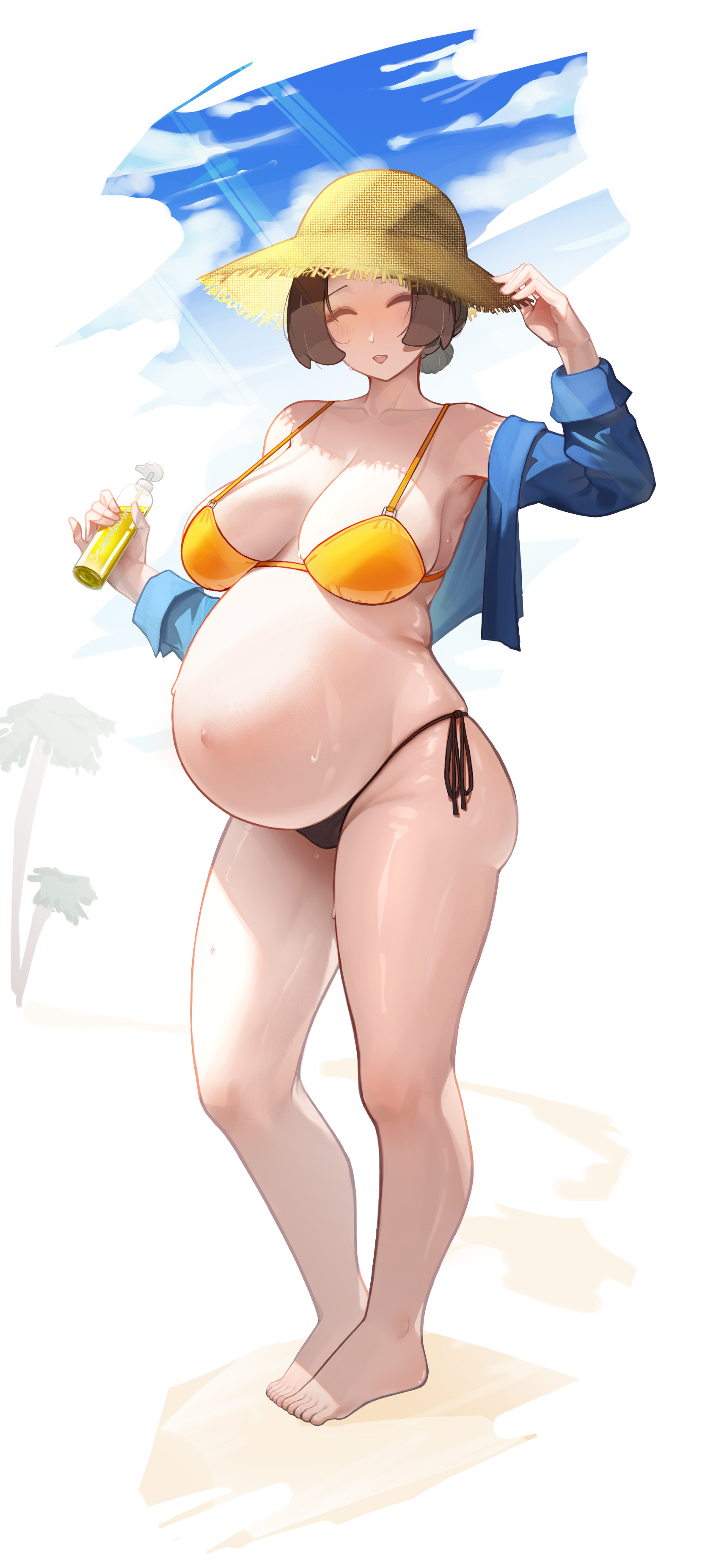 1girls, barefoot, beach, big breasts, bikini, black bikini bottom, breasts, brown hair, closed eyes, female, female only, full body, hair bun, hat, lotion bottle, milf, oiled, oiled skin, open shirt, orange bikini, original, plump, pregnant, sesefadou0v0, shiny skin, smile, solo, standing, sun hat, suntan lotion, thick thighs