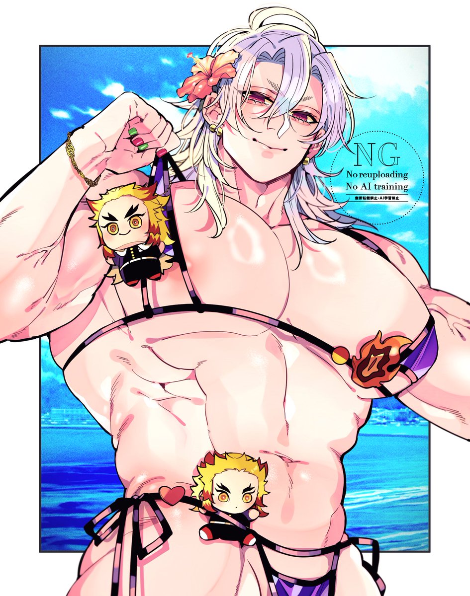 areola slip, bara, big pecs, bikini, crossdressing, demon slayer, earrings, flower in hair, hair down, huge pecs, kimetsu no yaiba, kyu 717, long-haired male, looking at viewer, male, male only, masculine crossdresser, medium hair, muscular, muscular male, nail polish, pecs, pink eyes, plushie, rengoku kyoujurou, smile, solo, uzui tengen, white hair, yaoi