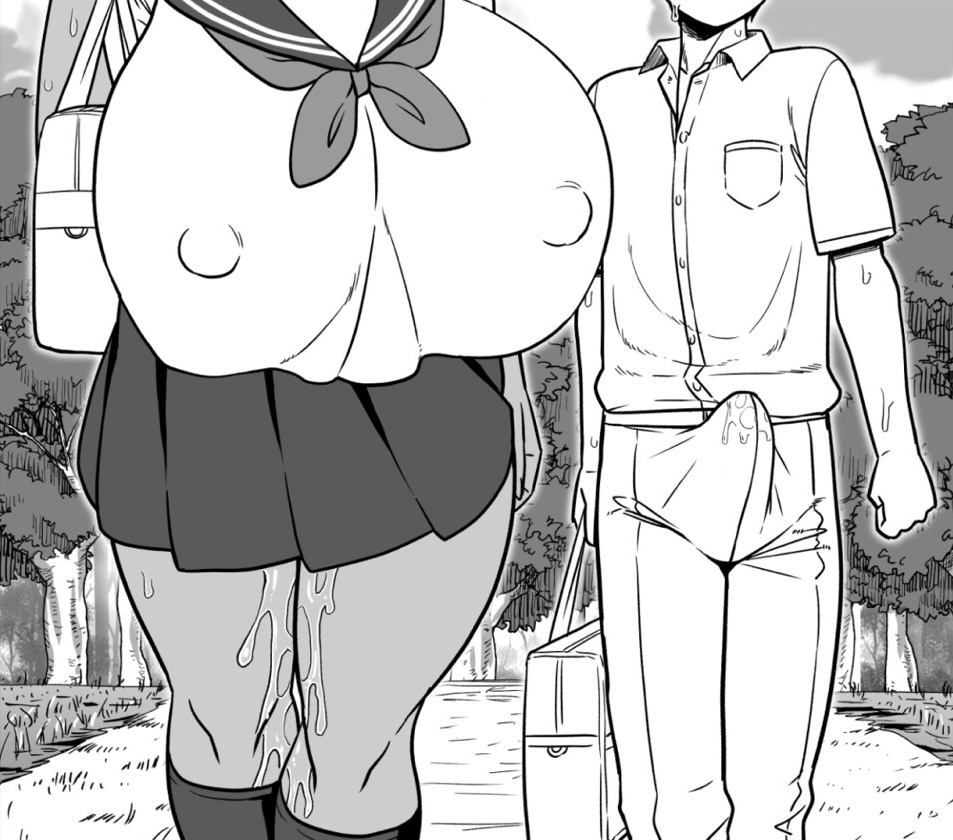 1boy, 1girls, amazon (taitaitaira), bigger female, black and white, boner, boner in pants, breasts, breasts bigger than head, breasts bigger than torso, bulge, dark-skinned female, erect nipples under clothes, erection under clothes, female, gigantic ass, gigantic breasts, gigantic butt, gigantic nipples, gigantic thighs, hyper, hyper ass, hyper breasts, hyper butt, hyper genitalia, hyper thighs, larger female, male, monochrome, nipple bulge, no bra, original character, pussy, sailor uniform, school uniform, schoolgirl, size difference, straight, wet pussy