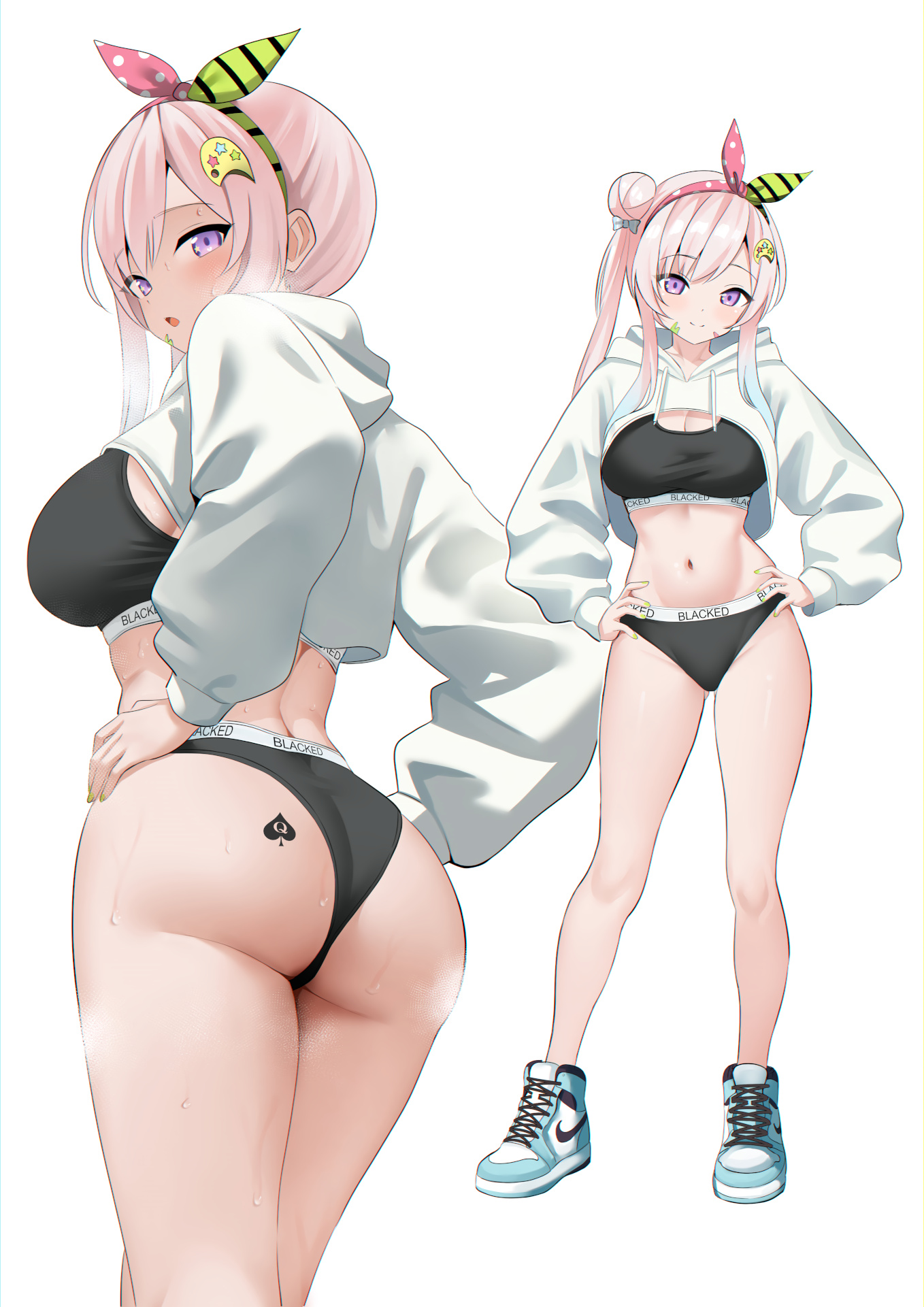 abdomen, airani iofifteen, alien, alien girl, alien princess, alternate version available, artist, ass, ass focus, ass sweat, back view, bandana, belly button, black stripes, black stripes bandanna, blacked, blacked clothing, blacked female, blue shoes, blue sneakers, blush, blush lines, blushing at viewer, blushing female, breasts, breath, breath cloud, breathing, butt sweat, cropped jacket, ear, female, female focus, female only, fit, fit female, gradient hair, green bandana, green fingernails, green paint, hololive, hololive indonesia, hololive indonesia area 15, indonesian, knees, legs, light skin, light-skinned female, medium breasts, nike, pink and cyan hair, pink and green bandana, pink bandanna, pink hair, pink paint, pink-haired female, polka dot, polka dot bandana, polkadots, queen of spades, raikkonen, smile, sneakers, solo female, stripes, sweat, thighs, violet eyes, virtual youtuber, vtuber, white polka dots