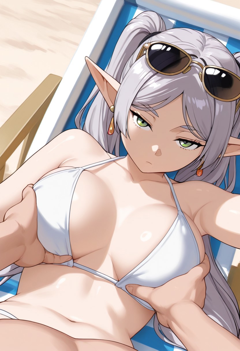1girls, ai generated, albino, alternate breast size, beach, breasts, civitai, cookiasncream, elf, elf ears, elf female, female, frieren, frieren beyond journey's end, huge breasts, long breasts, long ears, sousou no frieren, white hair