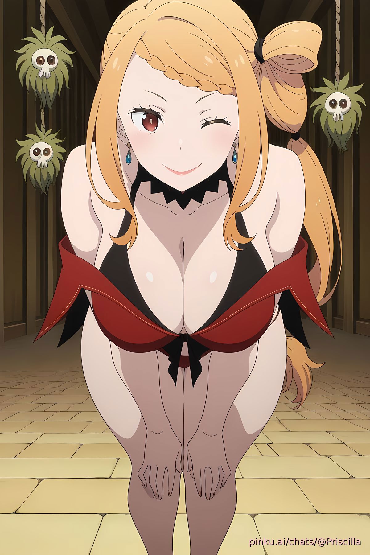 ai generated, bikini, bikini bottom, breasts, female, priscilla barielle, re:zero kara hajimeru isekai seikatsu, thighs, wink, yellow hair