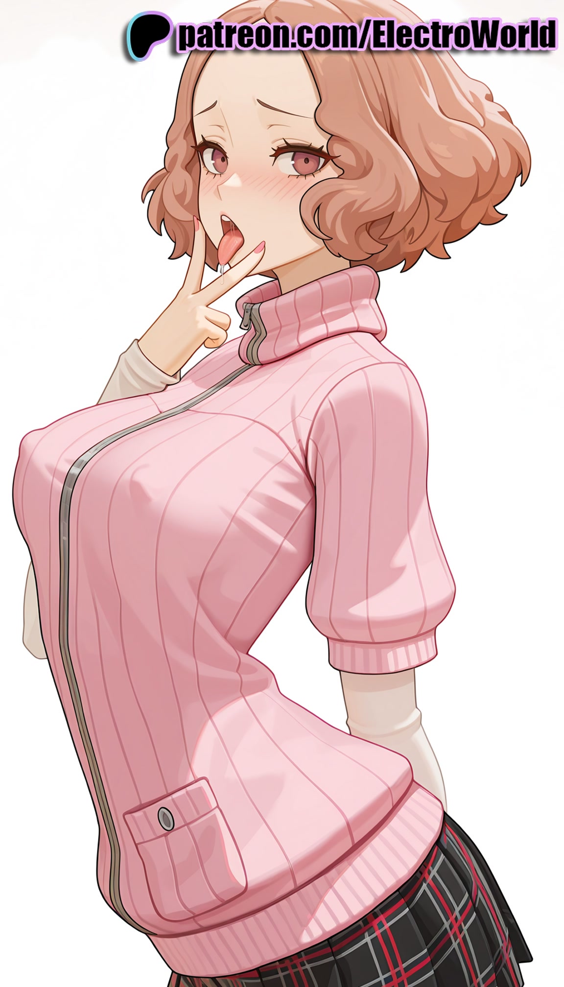 1girls, 2025, ai generated, artist name, big breasts, big chest, blush, breasts, brown hair, bust, busty, chest, covered nipples, electroworld, female, haru okumura, hi res, high quality, high resolution, highres, large breasts, patreon, patreon username, persona, persona 5, pink sweater, plaid, plaid skirt, ribbed sweater, short hair, shuujin academy uniform, skirt, solo, stable diffusion, sweater, tongue, tongue out, turtleneck, watermark