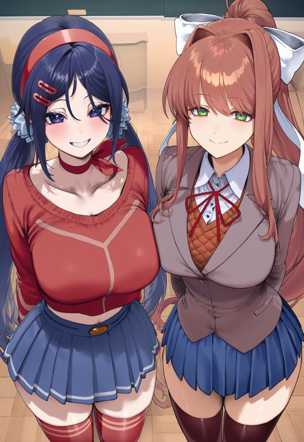 2girls, ai generated, arms behind back, blue eyes, blue skirt, blush, breasts, brown hair, choker, crossover, doki doki literature club, eyebrows visible through hair, female, green eyes, hair ornament, hairclip, large breasts, long hair, looking at viewer, miside, mita (miside), monika (doki doki literature club), multiple females, multiple girls, pleated skirt, ponytail, purple hair, school uniform, skirt, smile, thighhighs, truck kun, truck-kun art, zettai ryouiki