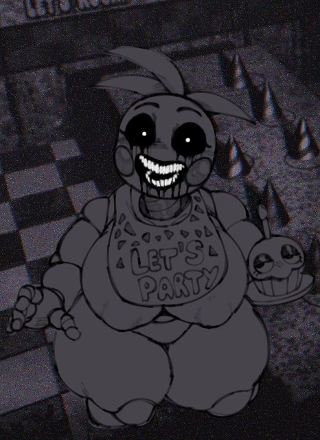 1girls, animatronic, animatronic female, canonical scene, chicken, chicken girl, female, five nights at freddy's, five nights at freddy's 2, pegaka (artist), robot, robot girl, scary face, scottgames, solo, toy chica (fnaf)