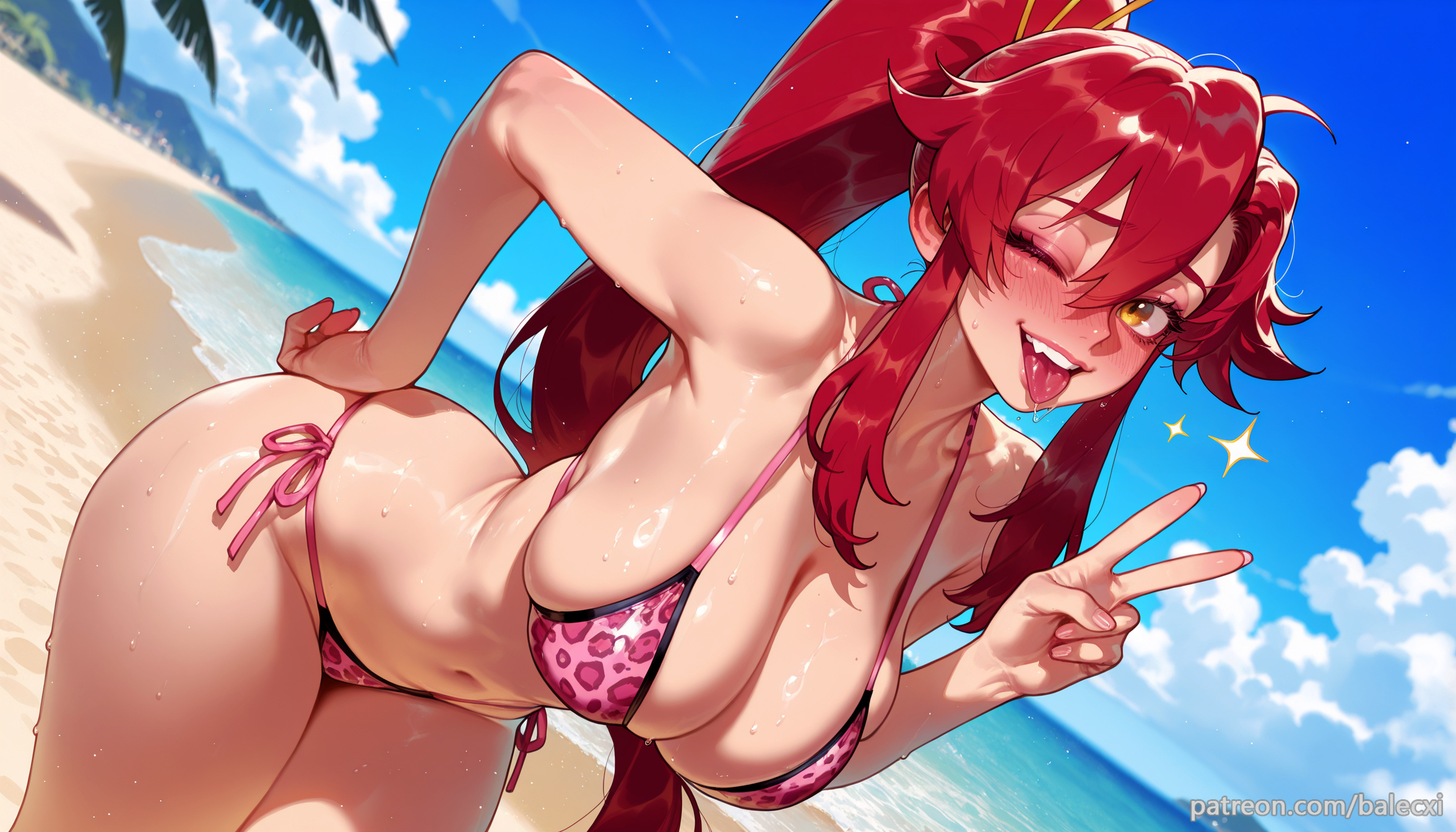 ai generated, animal print, balecxi, beach, bikini, blue sky, blush, breasts, cleavage, day, dutch angle, female, large breasts, long hair, looking at viewer, navel, one eye closed, outdoors, ponytail, red hair, solo, swimsuit, teeth, tengen toppa gurren lagann, thighs, tongue, tongue out, v, yellow eyes, yoko littner