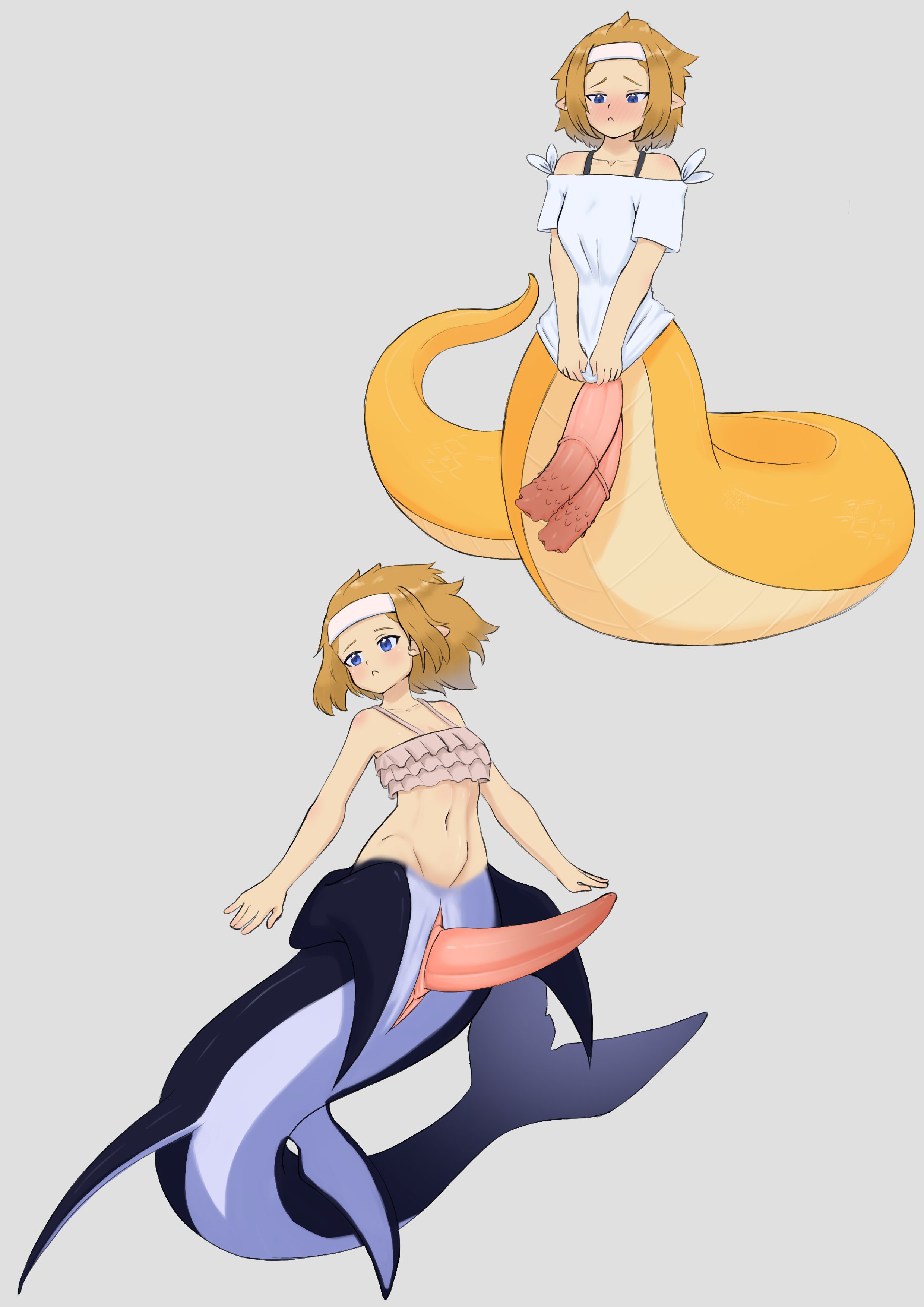 animal genitalia, animal penis, big breasts, blue eyes, breasts, cetacean penis, cetacean tail, embarrassed, futa, futanari, intersex, lamia, lamia futa, mershark, monster futa, orange hair, penis, snake futa, swimsuit, taur, transformation, velturad