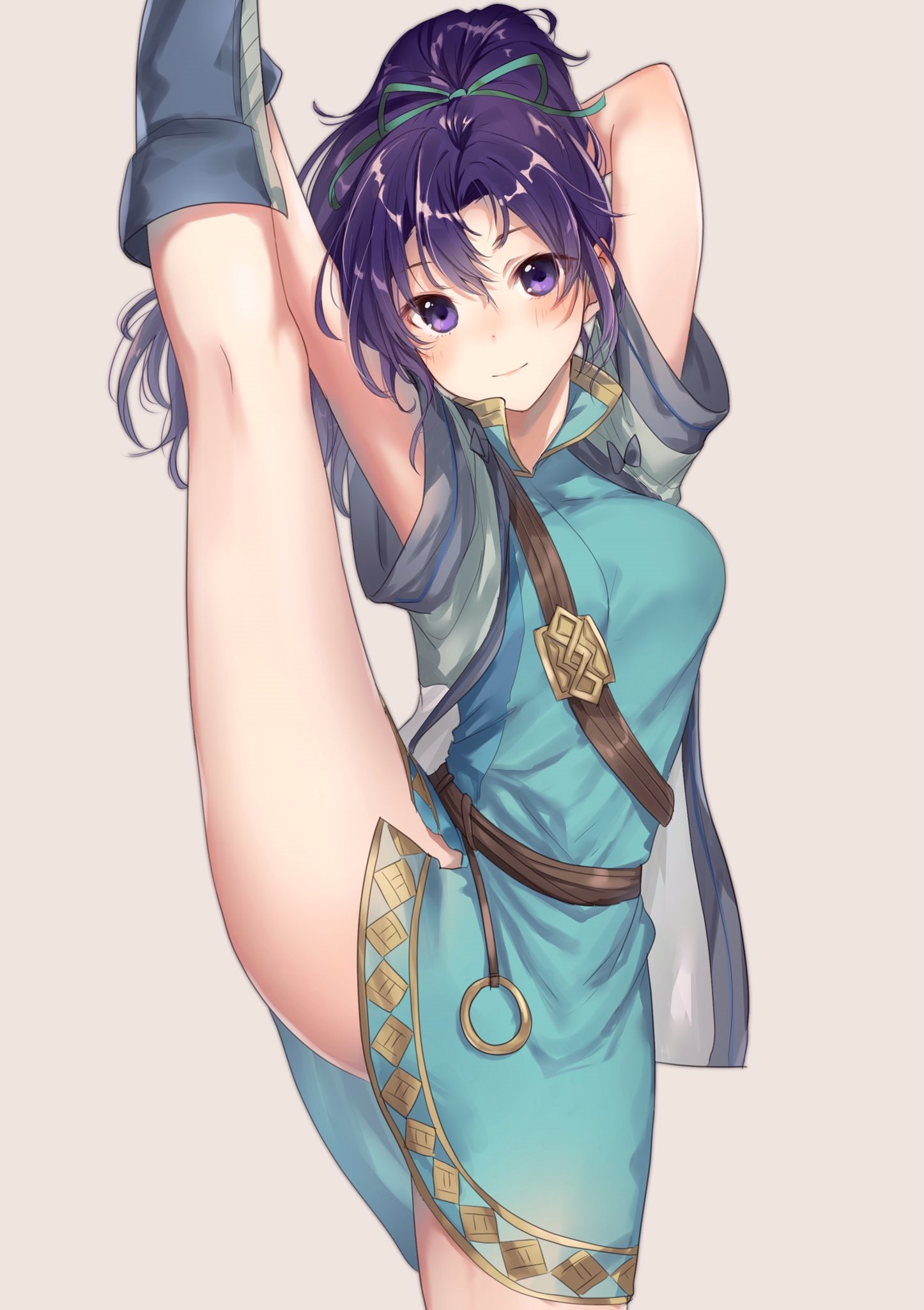1girls, blush, blushing, blushing at viewer, exercise, exercising, female, female only, fir (fire emblem), fire emblem, fire emblem: the binding blade, fit, fit female, flexible, flexible female, hand behind head, hand on leg, haru (nakajou-28), highres, human, human only, in shape, leg above head, leg lift, leg split, leg up, nintendo, purple eyes, purple hair, simple background, smile, smiling, smiling at viewer, solo, solo female, splits, standing, standing on one leg, standing split, stretch, stretching, stretching legs, torn clothes
