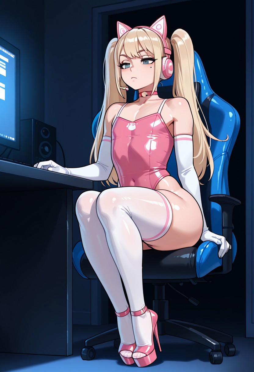 2025, ai generated, alternate version available, armwear, ass, beauty mark, big ass, blonde hair, blue eyes, blush, borrowed character, crossdressing, femboy, femboy gamer (sealguy), feminine male, fineartcollector, gamer boy, gamer chair, gaming chair, gaming headset, girly, high heels, indoors, legwear, leotard, male, mole, mole under eye, pink leotard, sitting, solo, stockings, thick thighs, thighs, trap
