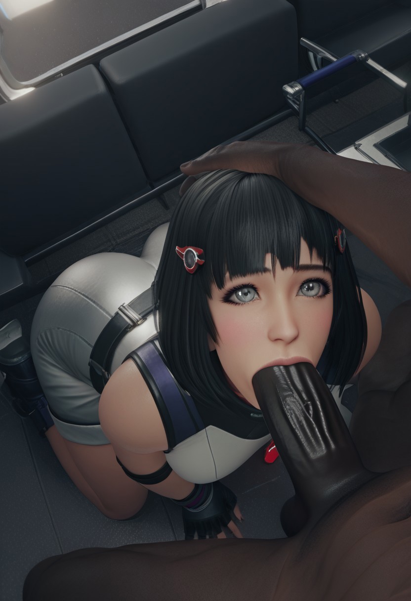 1boy, 1girls, 3d, aged up, ai generated, asian, ass, bare shoulders, big ass, big penis, black hair, blowjob, bob cut, clothed female, clothed female nude male, cock, dark-skinned male, eye contact, female, female focus, grey eyes, hairclip, hand on head, huge ass, huge cock, indoors, interracial, irrumatio, light-skinned female, lin lee koo, male, naked male, nude male, on floor, on hands and knees, on knees, oral, penis, pov, sex, short hair, shorts, sodaglow artist, straight, xenoblade (series), xenoblade chronicles x