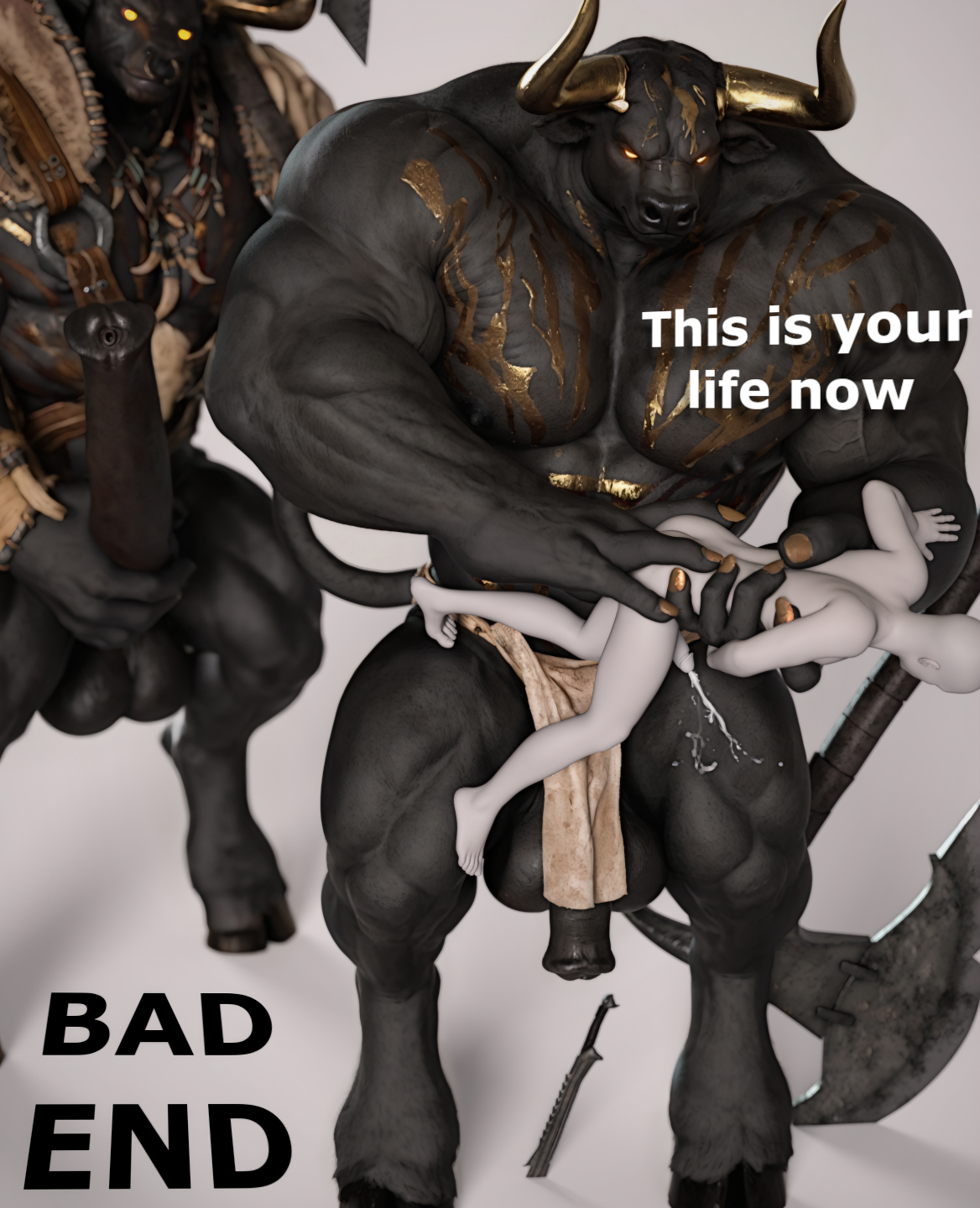 3d, 3d (artwork), anal, anal fingering, anal insertion, anonymous male, anthro, anthro on human, anthro on male, bad end, before rape, before sex, bottom cums first, bovid, bull, cumming, cumming while penetrated, english text, equine penis, erection, fingering, flaccid, forced, forced orgasm, gay, glowing eyes, hdregrets, hooves, horns, horsecock, huge cock, large penis, large testicles, loincloth, male only, minotaur, monster, muscular, muscular anthro, muscular male, pecs, size difference, tagme, text, yaoi