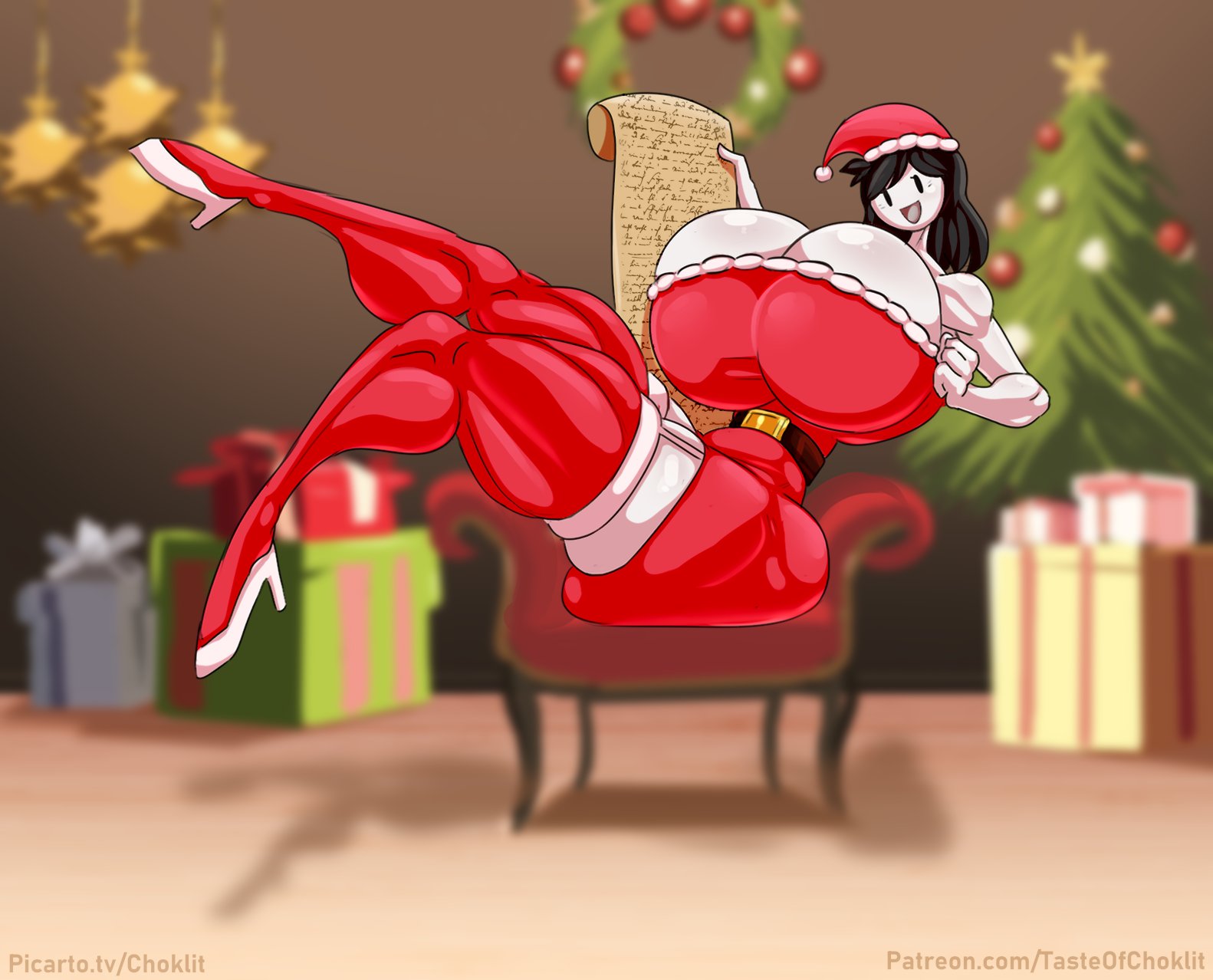 big breasts, big thighs, black hair, boobs bigger than head, breasts, christmas, christmas background, christmas clothing, christmas hat, christmas outfit, christmas tree, female, heels, huge boobs, huge breasts, jaiden animations, jaidenanimations, jaidens mom, partially clothed, skirt, stockings, tasteofchoklit, thick thighs, thighs, voluptuous, voluptuous female, white skin, youtube