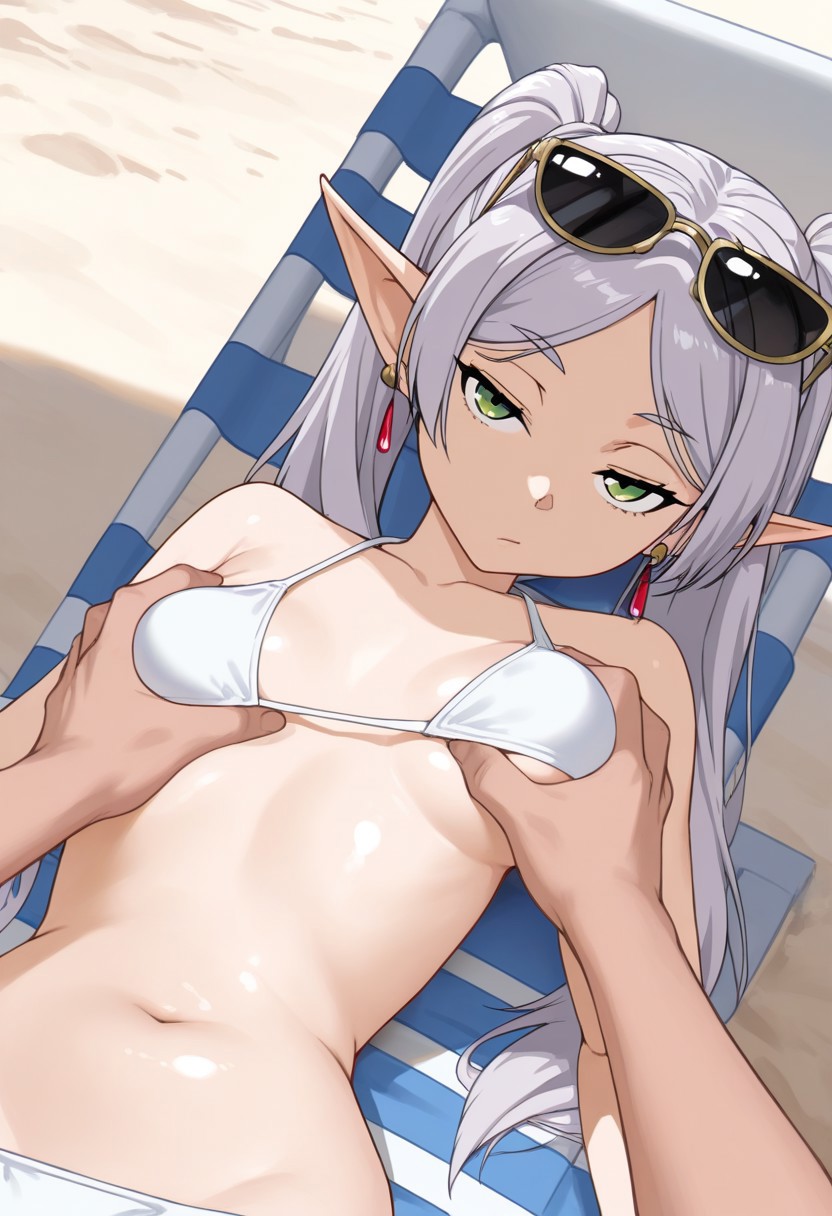 1girls, ai generated, albino, beach, breasts, civitai, cookiasncream, elf, elf ears, elf female, female, frieren, frieren beyond journey's end, long ears, small breasts, sousou no frieren, white hair
