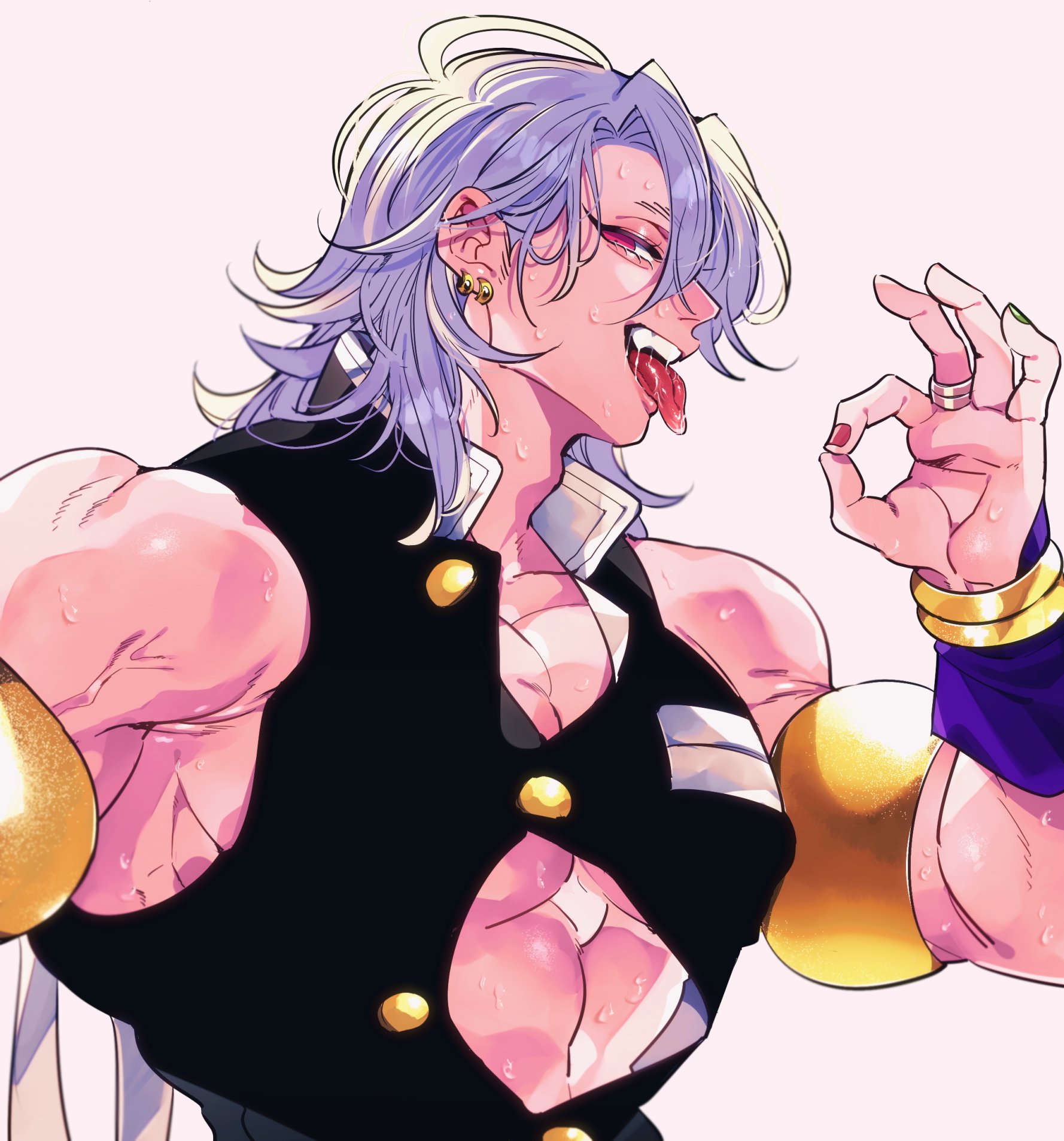 armbands, armlets, big pecs, demon slayer, earrings, fellatio gesture, gakuran, gold (metal), gold jewelry, hair down, huge pecs, jewelry, kimetsu no yaiba, kyu 717, long-haired male, looking at viewer, male, male only, medium hair, muscles, muscular, muscular male, nail polish, open mouth, pecs, pectoral cleavage, pink eyes, sleeveless, smile, tight clothing, tongue out, unbuttoned, upper body, uzui tengen, veiny muscles, white hair