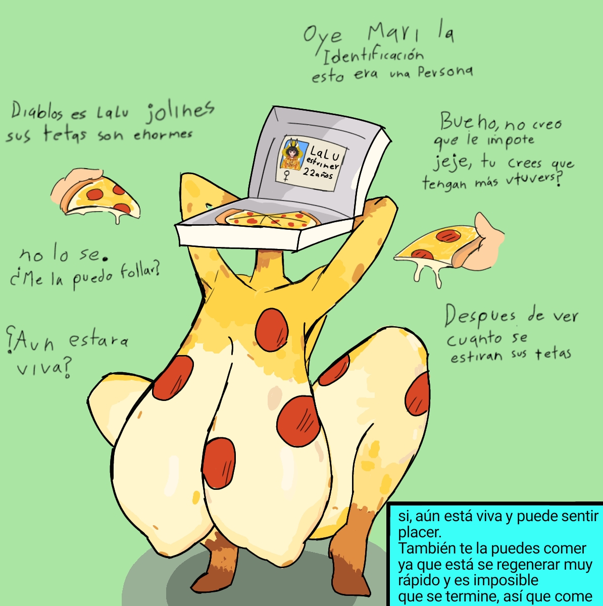1girls, 2boys, arms behind head, big ass, big breasts, big butt, breasts, conversation, crouching, crouching female, eating, female, food, food creature, food humanoid, food on body, head transformation, huge breasts, id, id card, information sheet, latam virtual youtuber, male, no sex, on tiptoe, pizza, pizza body, pizza box, pizza person, rabbit girl, saggy breasts, still alive, thick, tiptoes, transform, transformation, transformation (object), transformation in object, virtual youtuber, vtuber, whatinsomnia